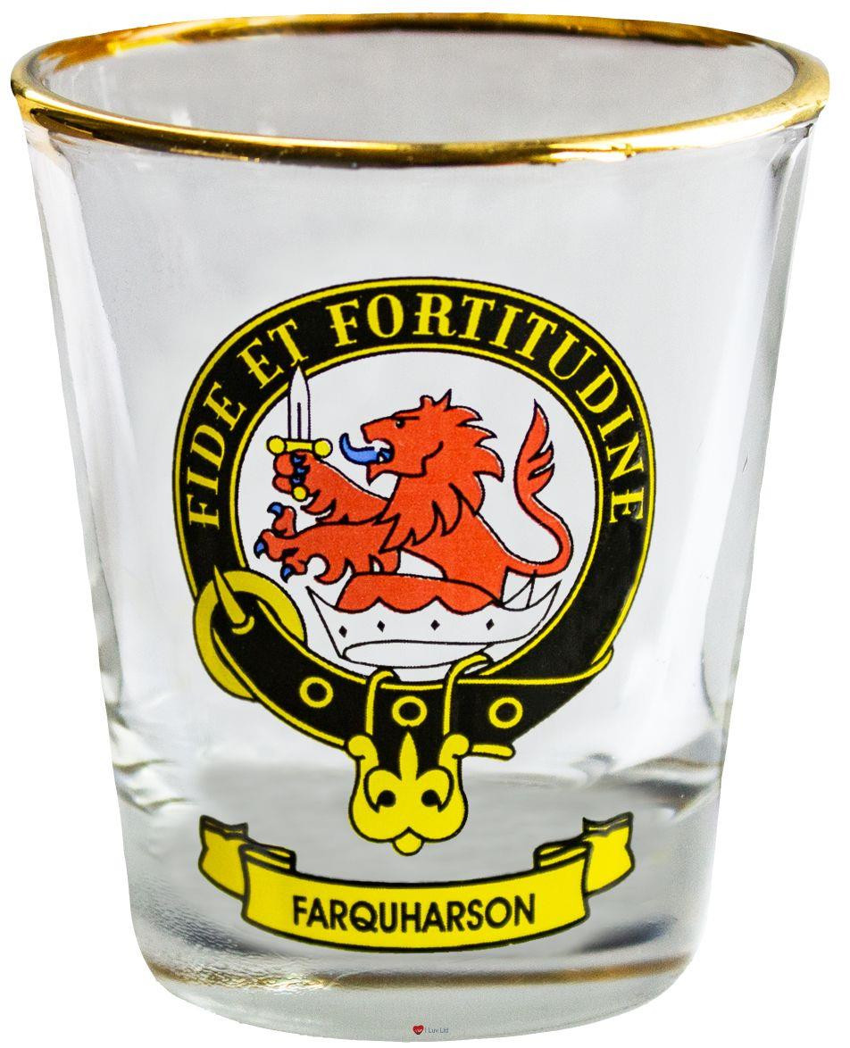 Farquharson Clan Crest Wee Dram Shot Glass Set of 2 Scottish Made