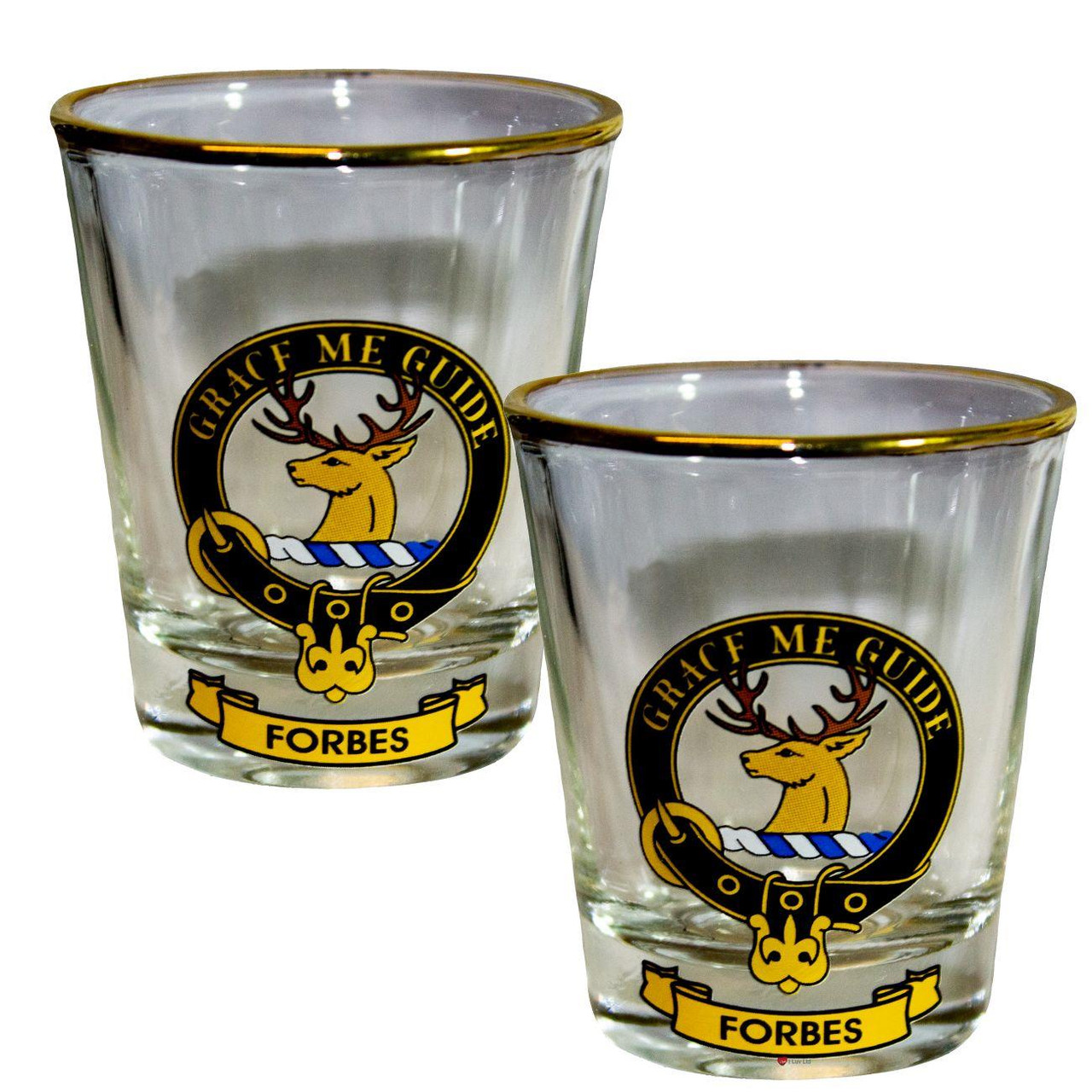 Forbes Clan Crest Wee Dram Shot Glass Set of 2 Scottish Made