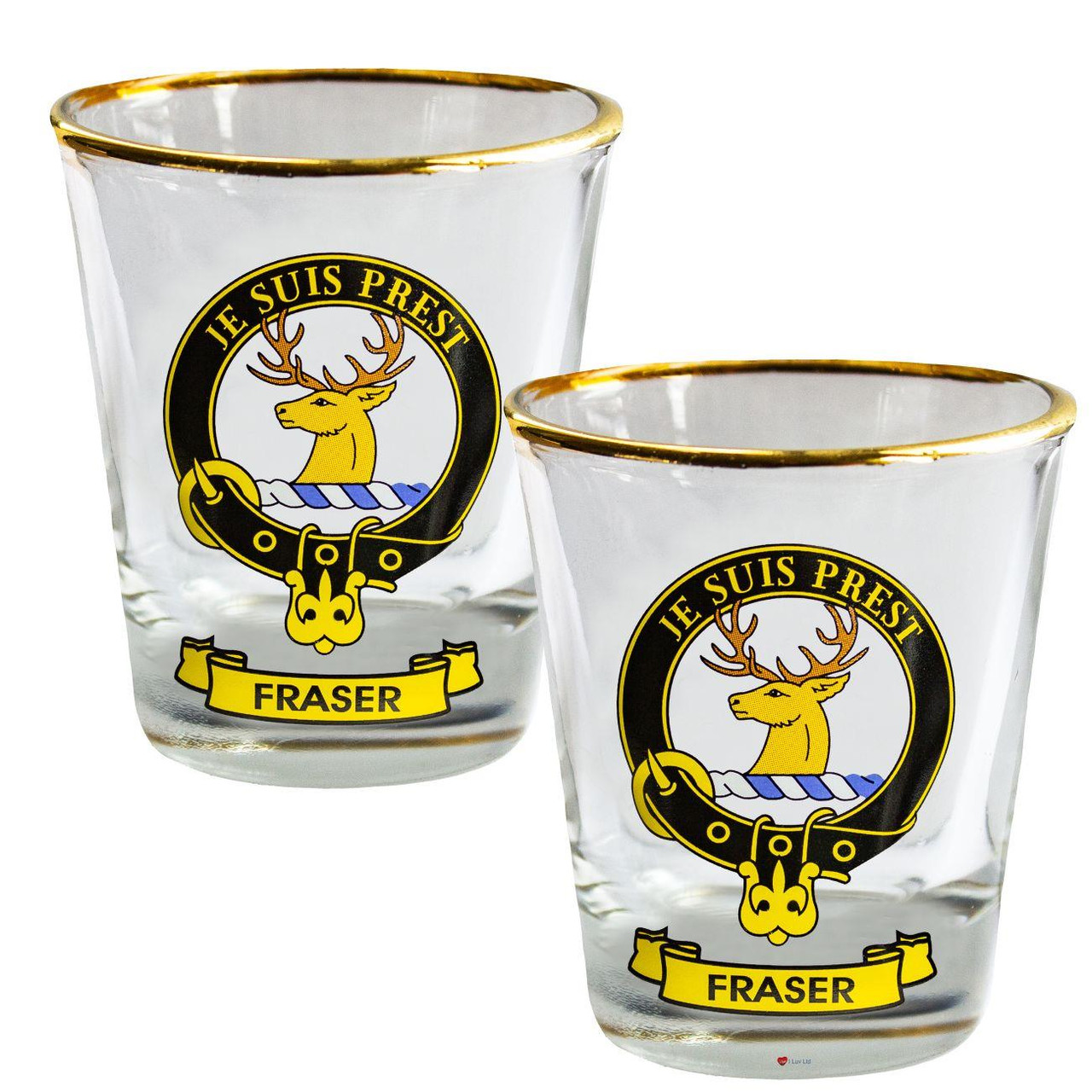 Fraser Clan Crest Wee Dram Shot Glass Set of 2 Scottish Made
