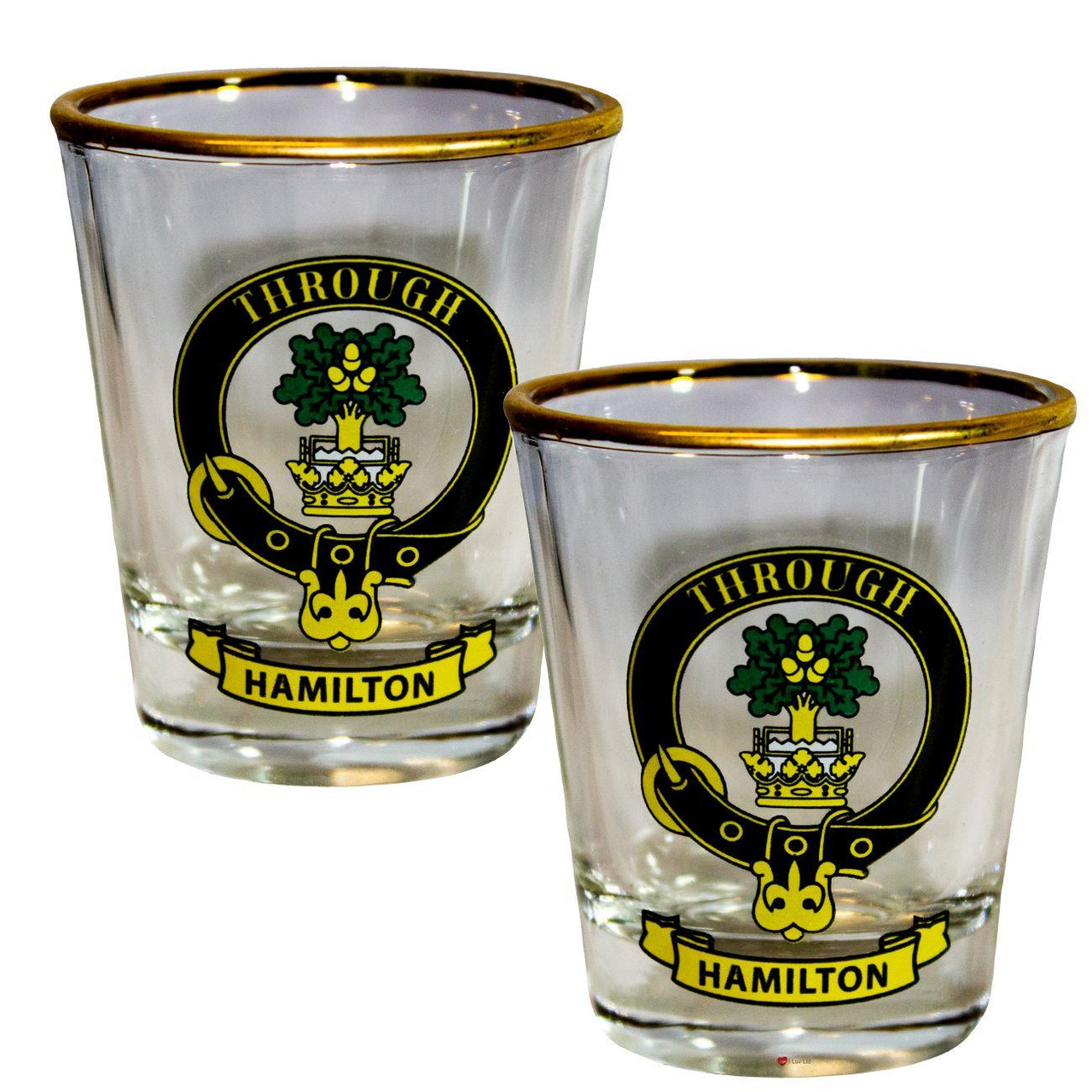 Hamilton Clan Crest Wee Dram Shot Glass Set of 2 Scottish Made