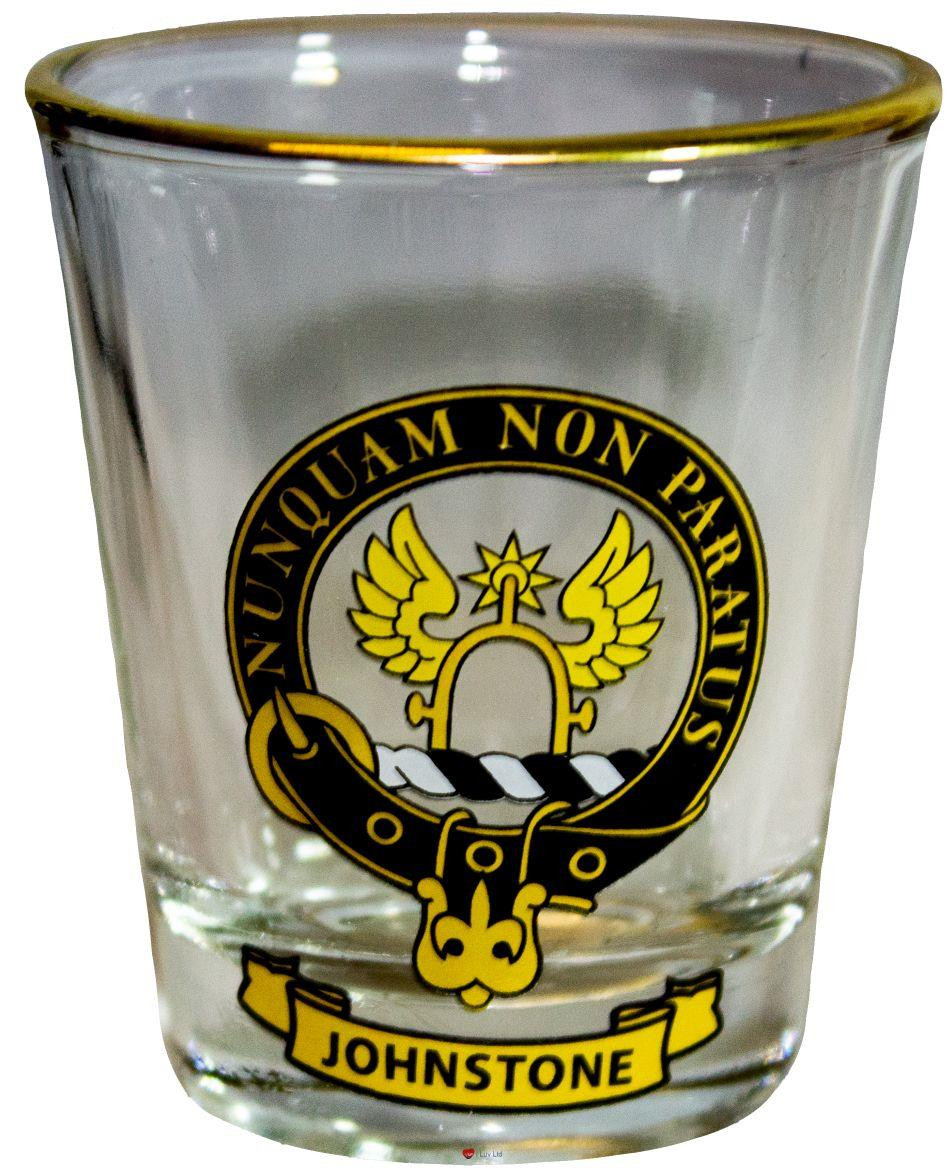 Johnstone Clan Crest Wee Dram Shot Glass Set of 2 Scottish Made