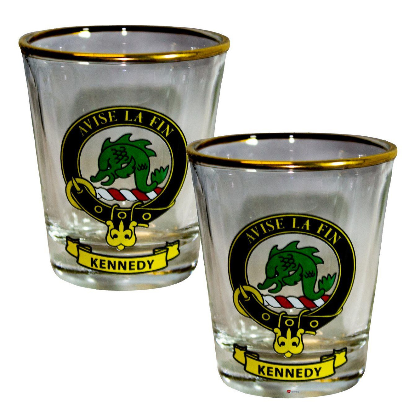 Kennedy Clan Crest Wee Dram Shot Glass Set of 2 Scottish Made