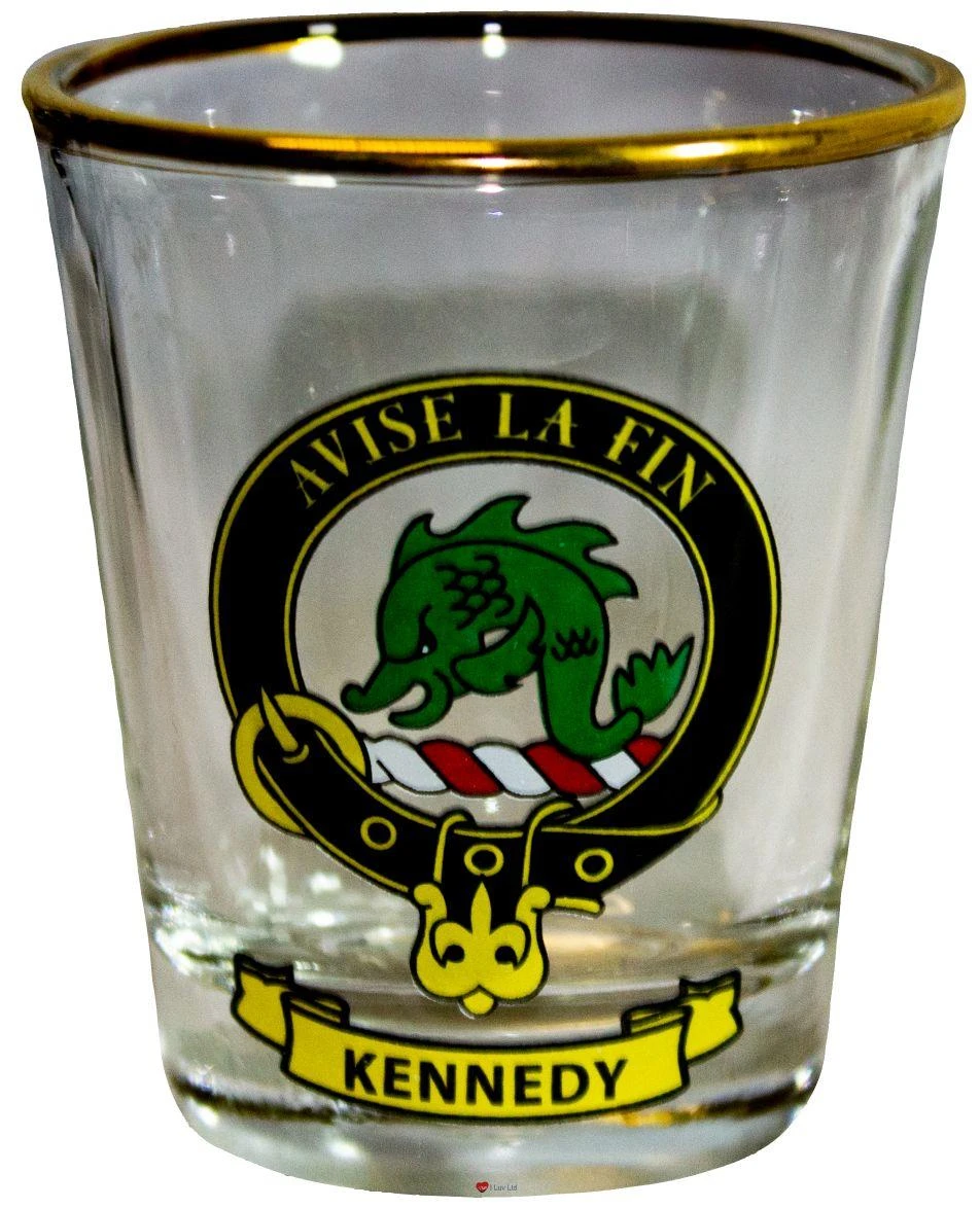 Kennedy Clan Crest Wee Dram Shot Glass Set of 2 Scottish Made