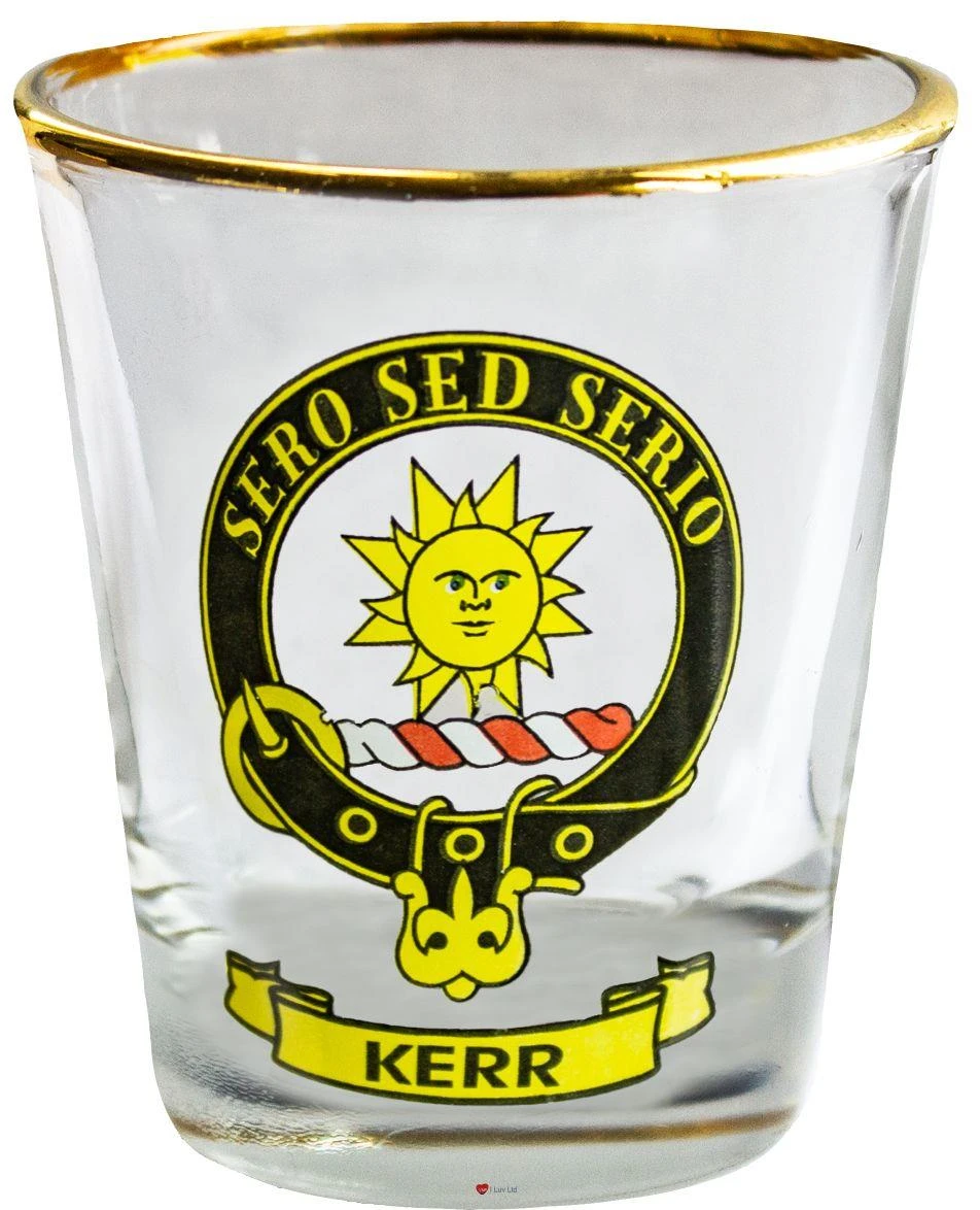 Kerr Clan Crest Wee Dram Shot Glass Set of 2 Scottish Made