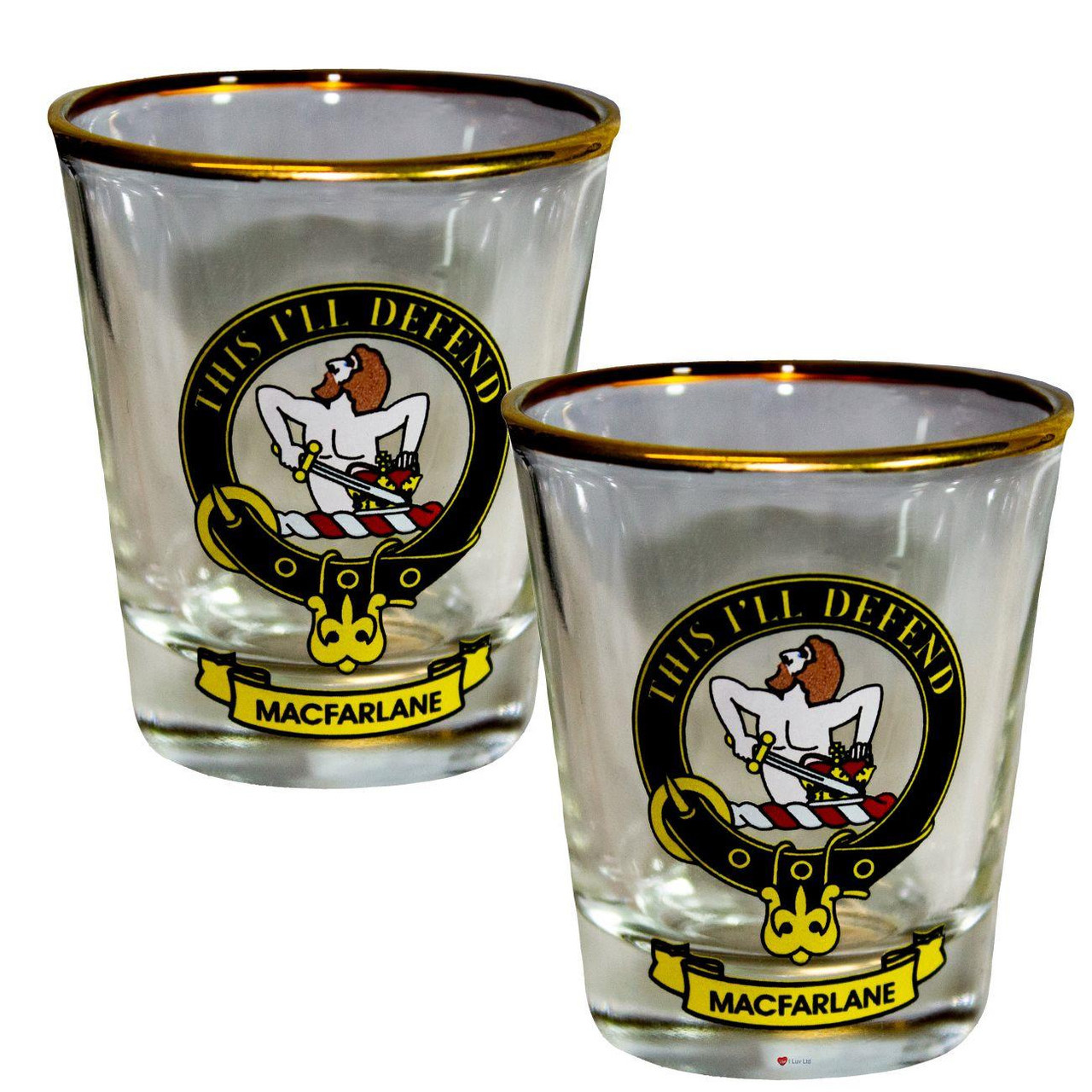 MacFarlane Clan Crest Wee Dram Shot Glass Set of 2 Scottish Made