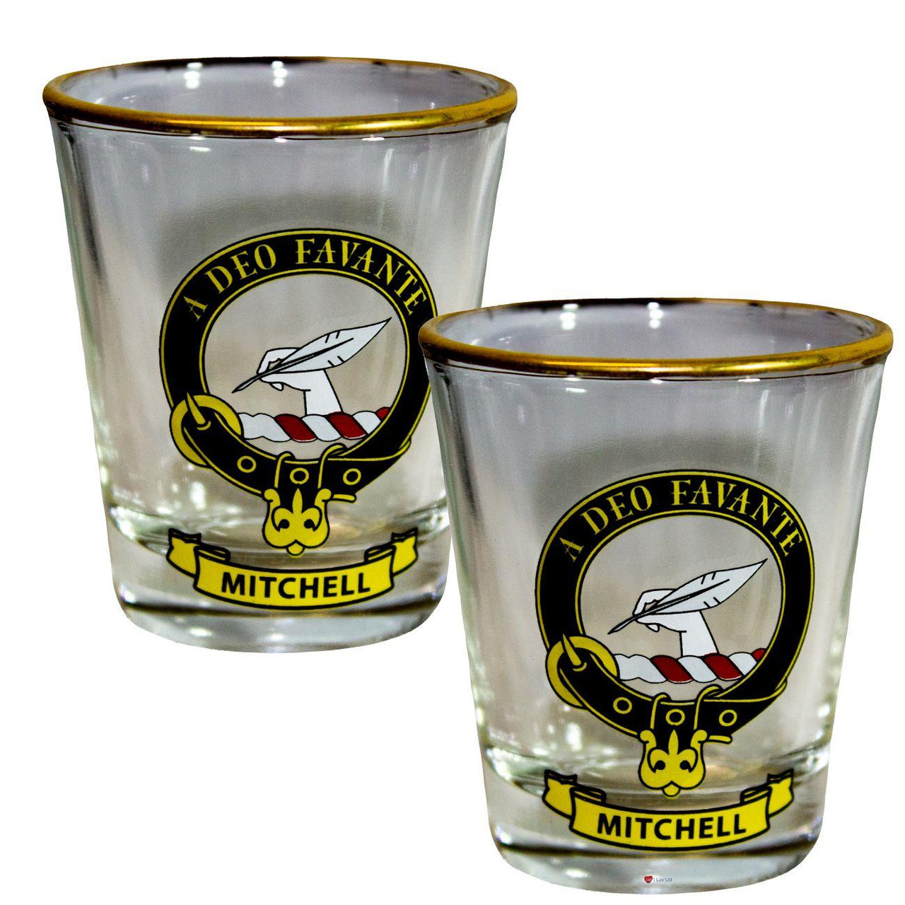 Mitchell Clan Crest Wee Dram Shot Glass Set of 2 Scottish Made