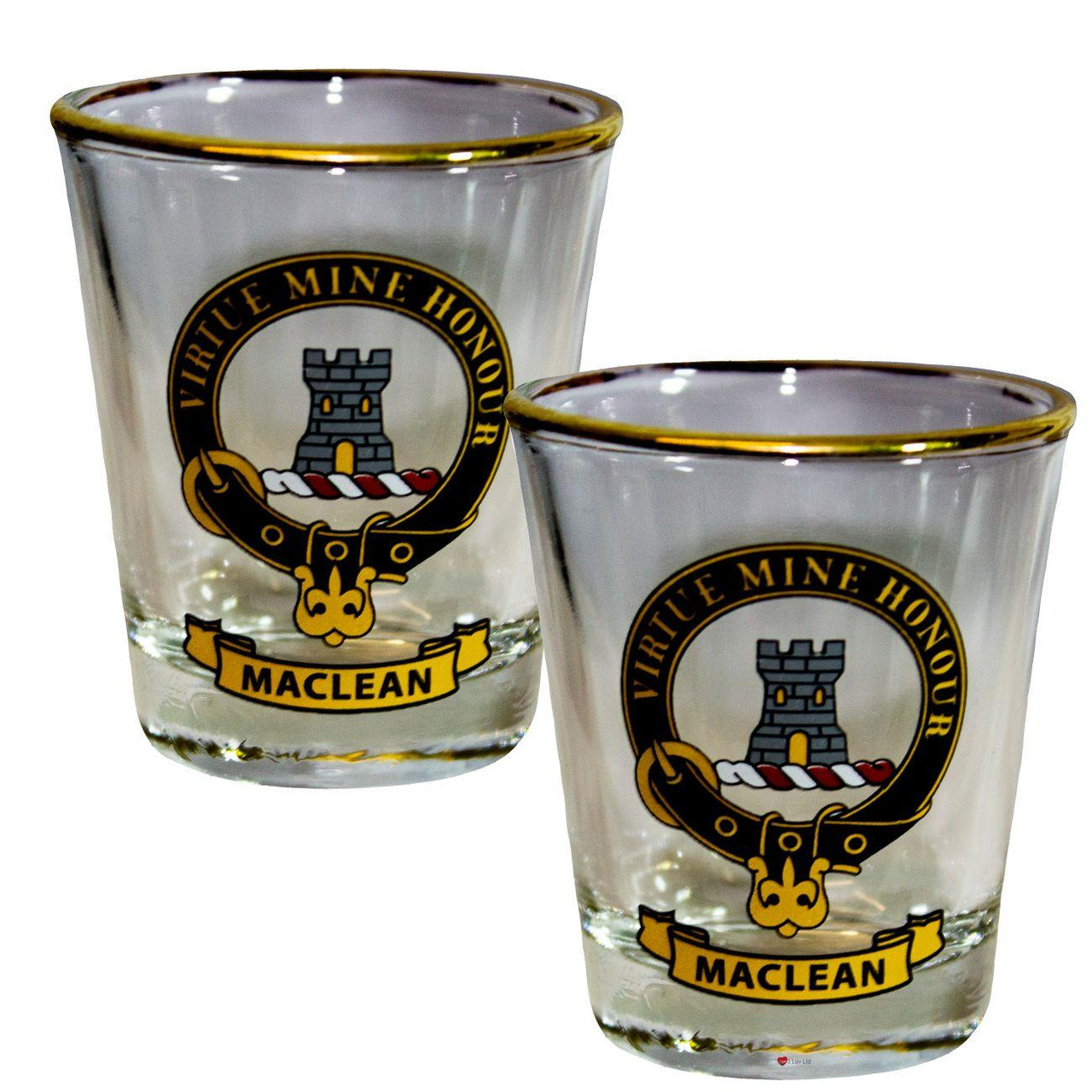 MacLean Clan Crest Wee Dram Shot Glass Set of 2 Scottish Made