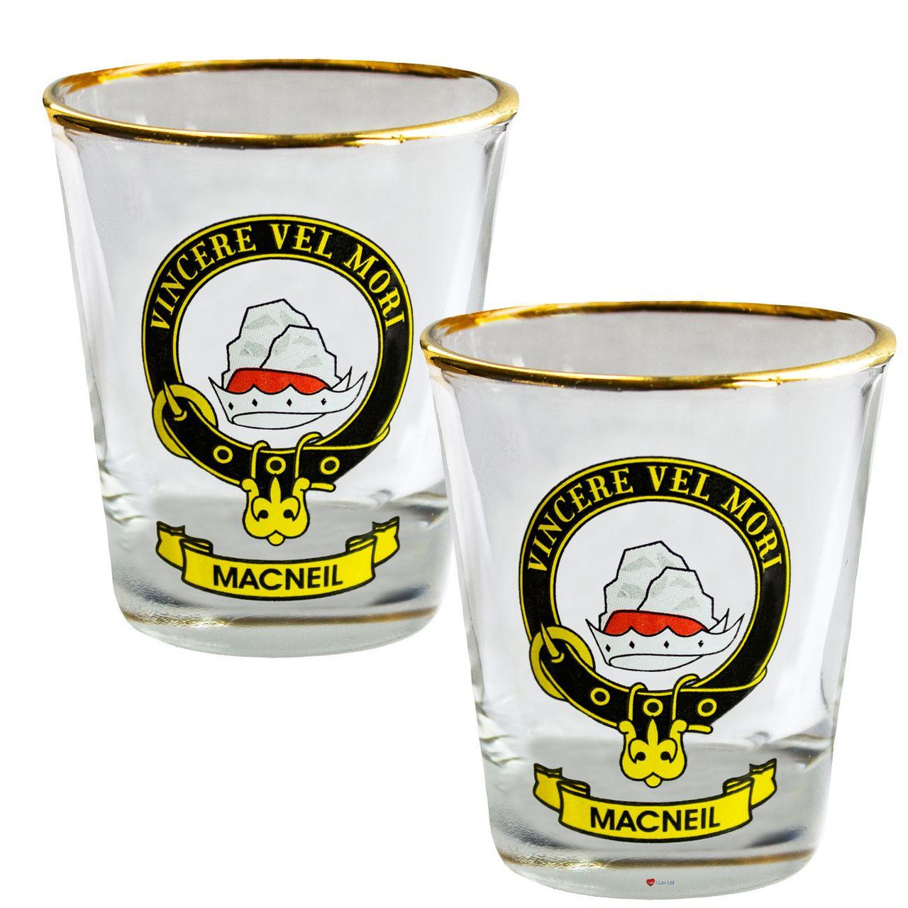 MacNeil Clan Crest Wee Dram Shot Glass Set of 2 Scottish Made