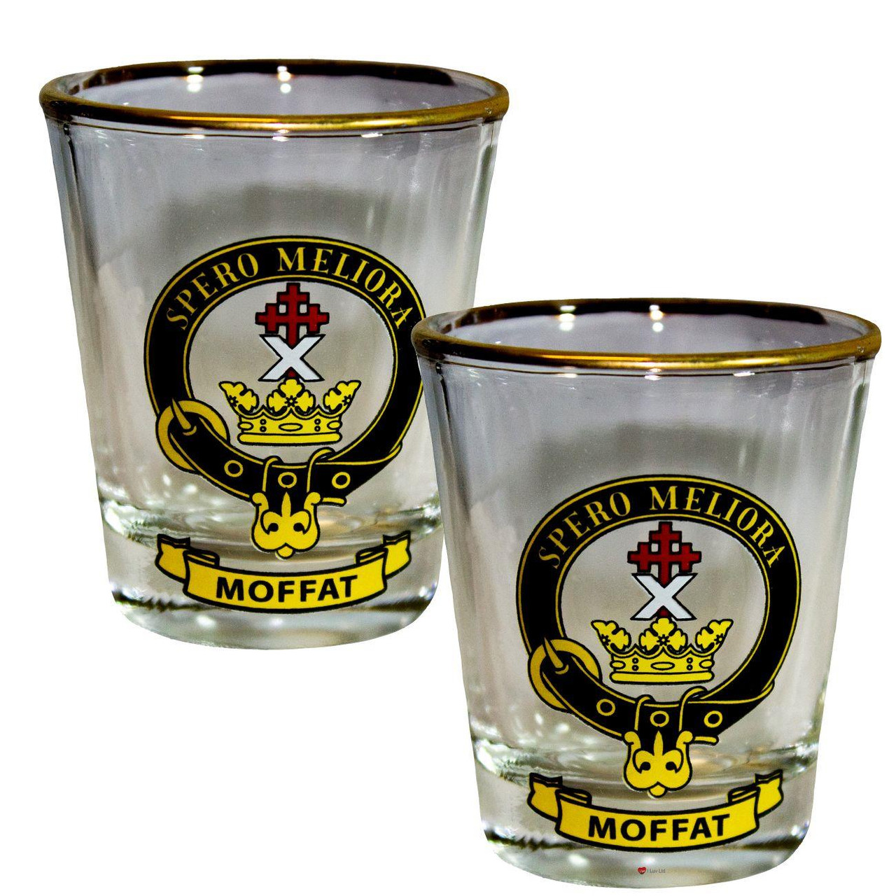 Moffat Clan Crest Wee Dram Shot Glass Set of 2 Scottish Made