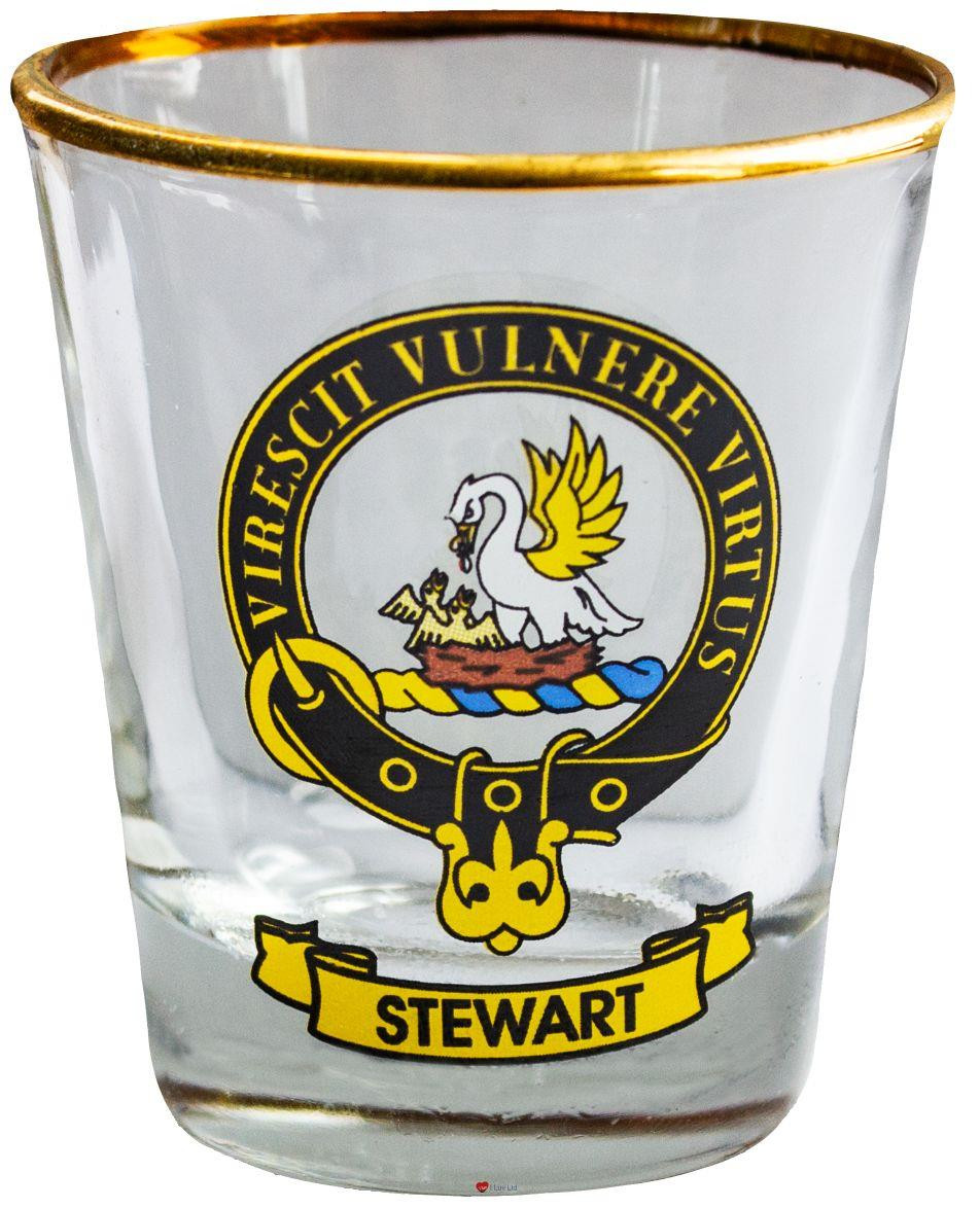 Stewart Clan Crest Wee Dram Shot Glass Set of 2 Scottish Made