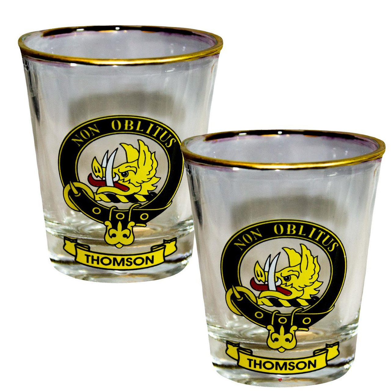 Thomson Clan Crest Wee Dram Shot Glass Set of 2 Scottish Made