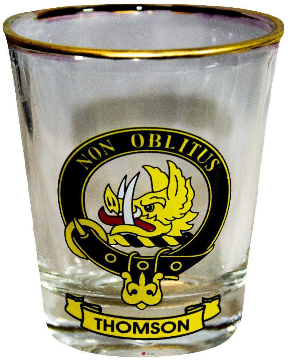 Thomson Clan Crest Wee Dram Shot Glass Set of 2 Scottish Made