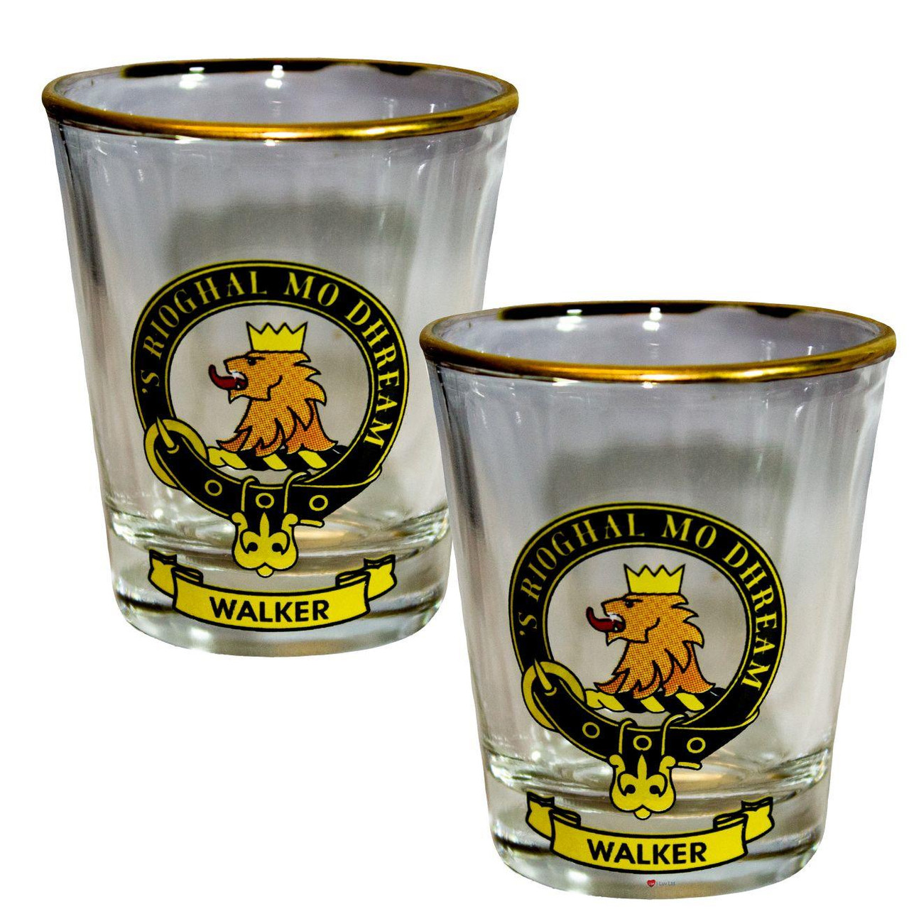 Walker Clan Crest Wee Dram Shot Glass Set of 2 Scottish Made