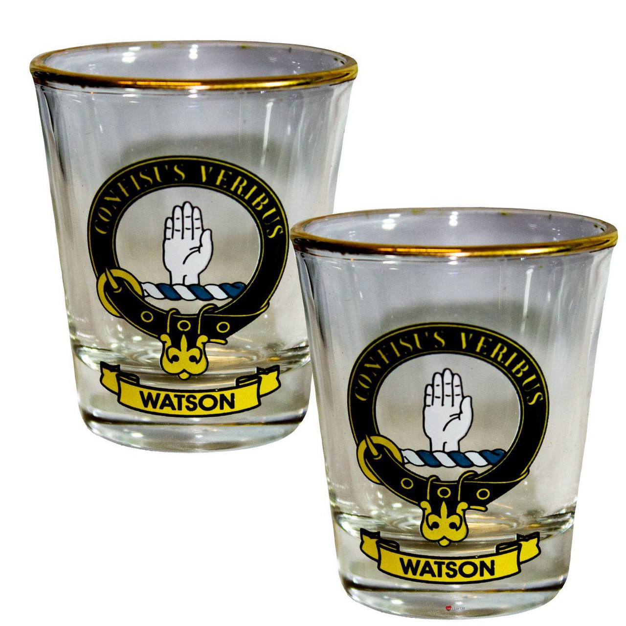 Watson Clan Crest Wee Dram Shot Glass Set of 2 Scottish Made