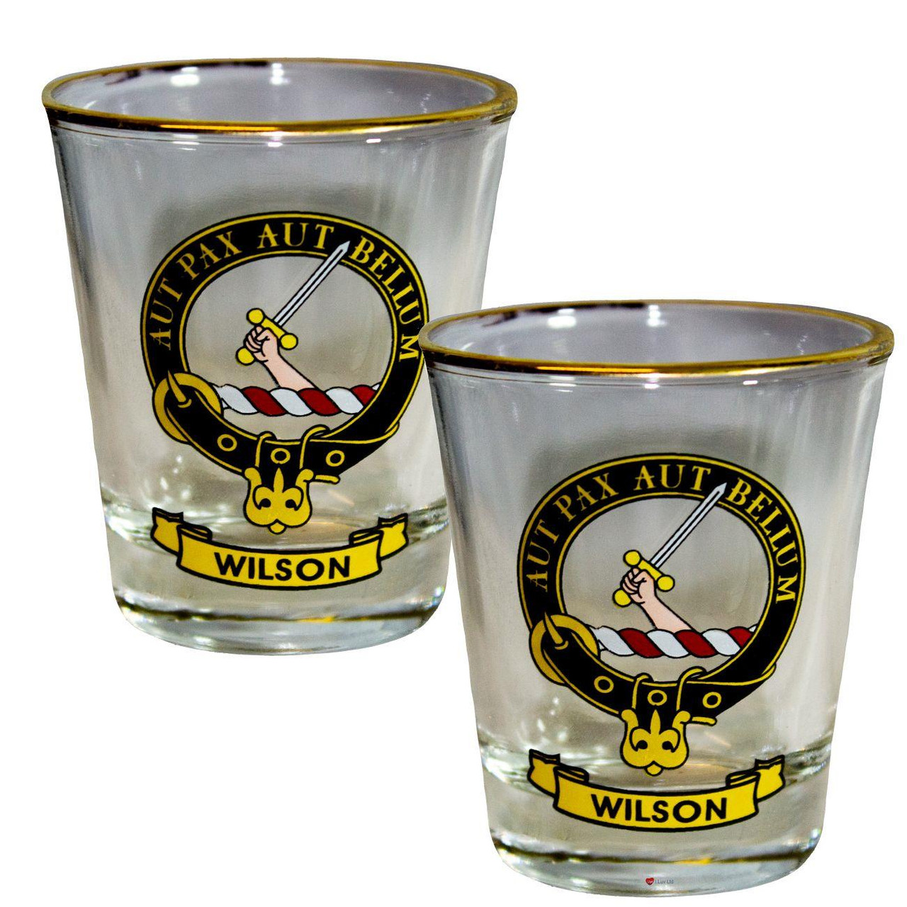 Wilson Clan Crest Wee Dram Shot Glass Set of 2 Scottish Made