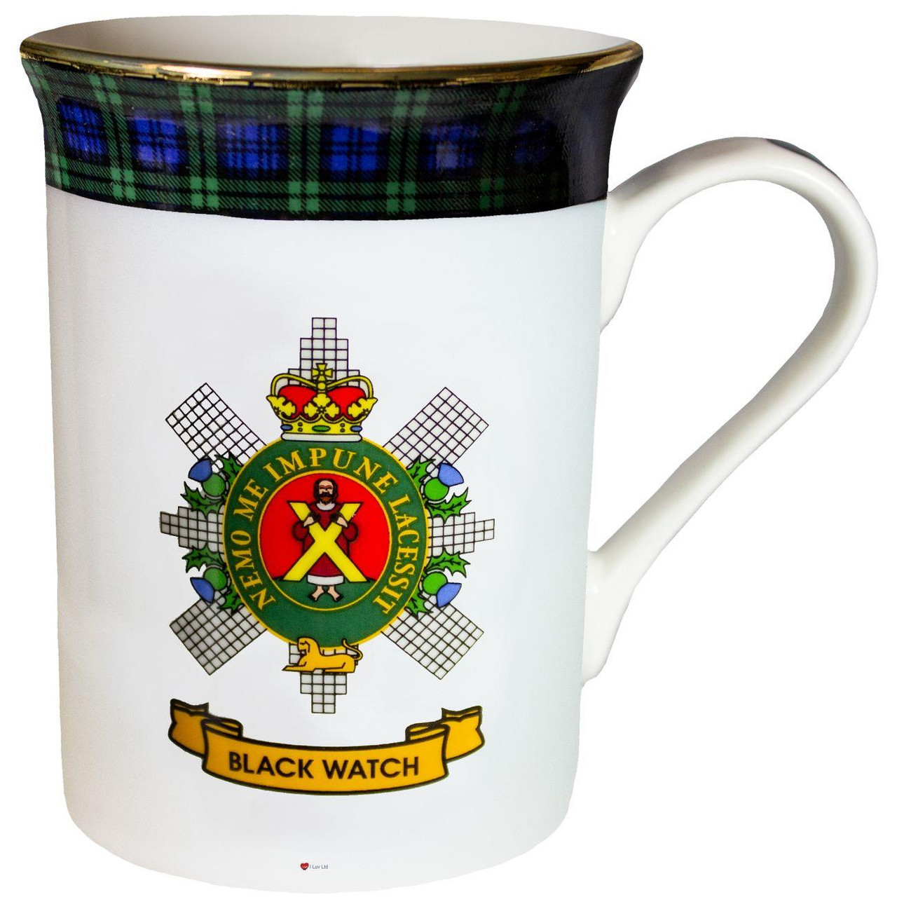 Bone China Coffee Tea Mug Black Watch Clan Crest Gold Rim Scottish Made