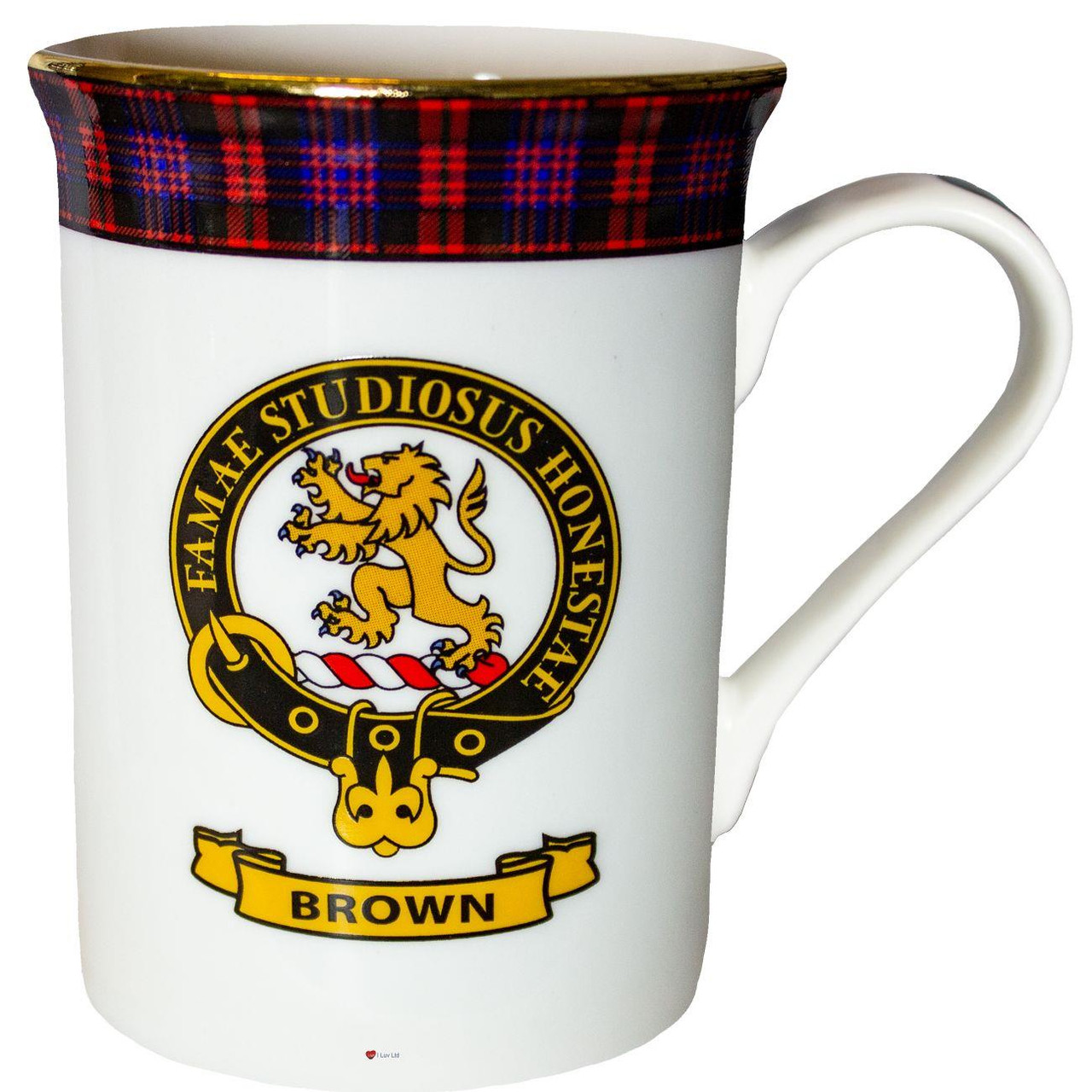 Bone China Coffee Tea Mug Brown Clan Crest Gold Rim Scottish Made