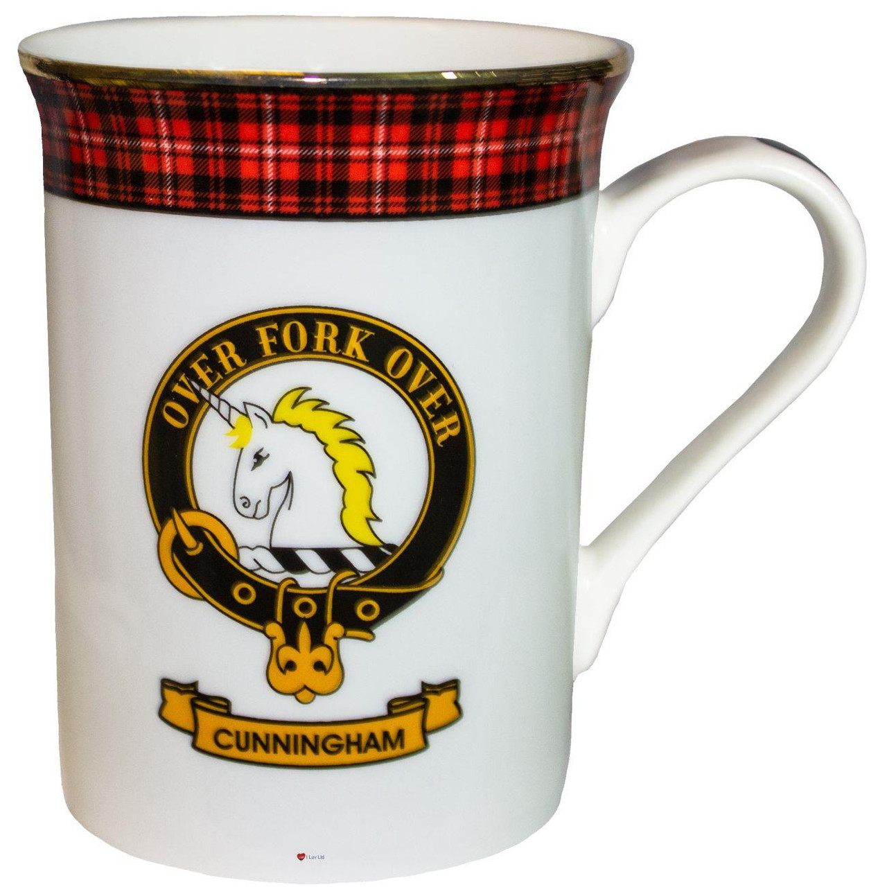 Bone China Coffee Tea Mug Cunningham Clan Crest Gold Rim Scottish Made