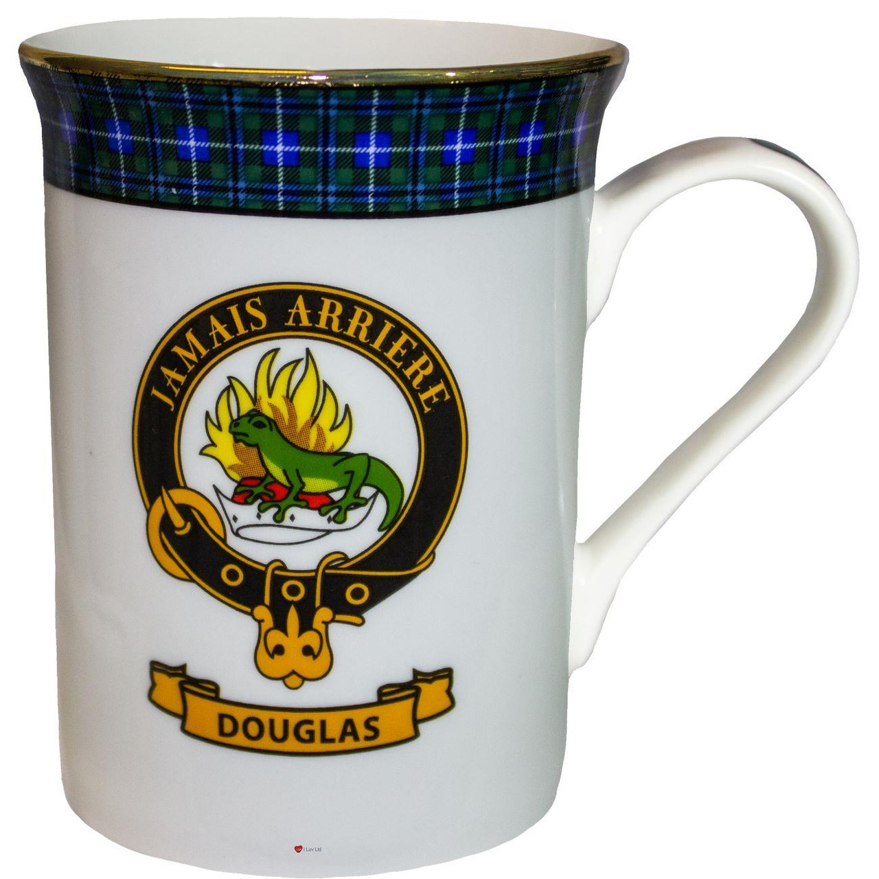 Bone China Coffee Tea Mug Douglas Clan Crest Gold Rim Scottish Made