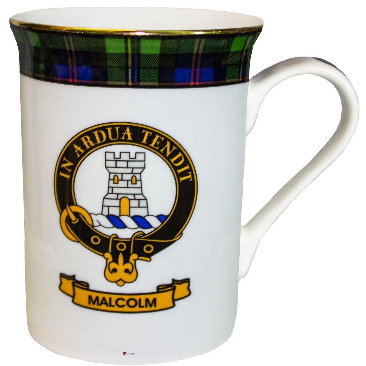 Bone China Coffee Tea Mug Malcolm Clan Crest Gold Rim Scottish Made