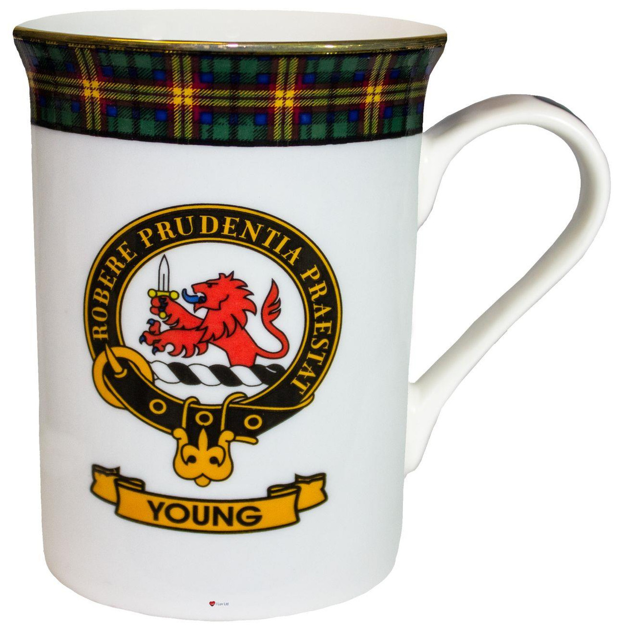 Bone China Coffee Tea Mug Young Clan Crest Gold Rim Scottish Made