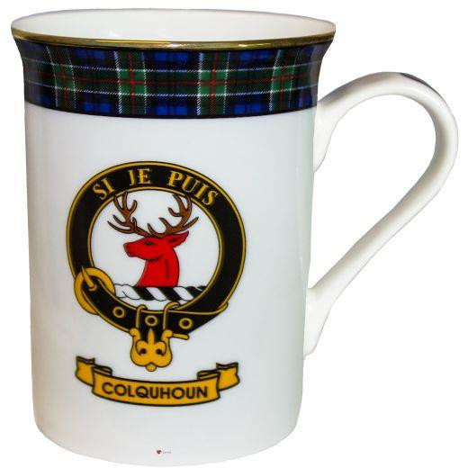 Bone China Coffee Tea Mug Colquhoun Clan Crest Gold Rim Scottish Made