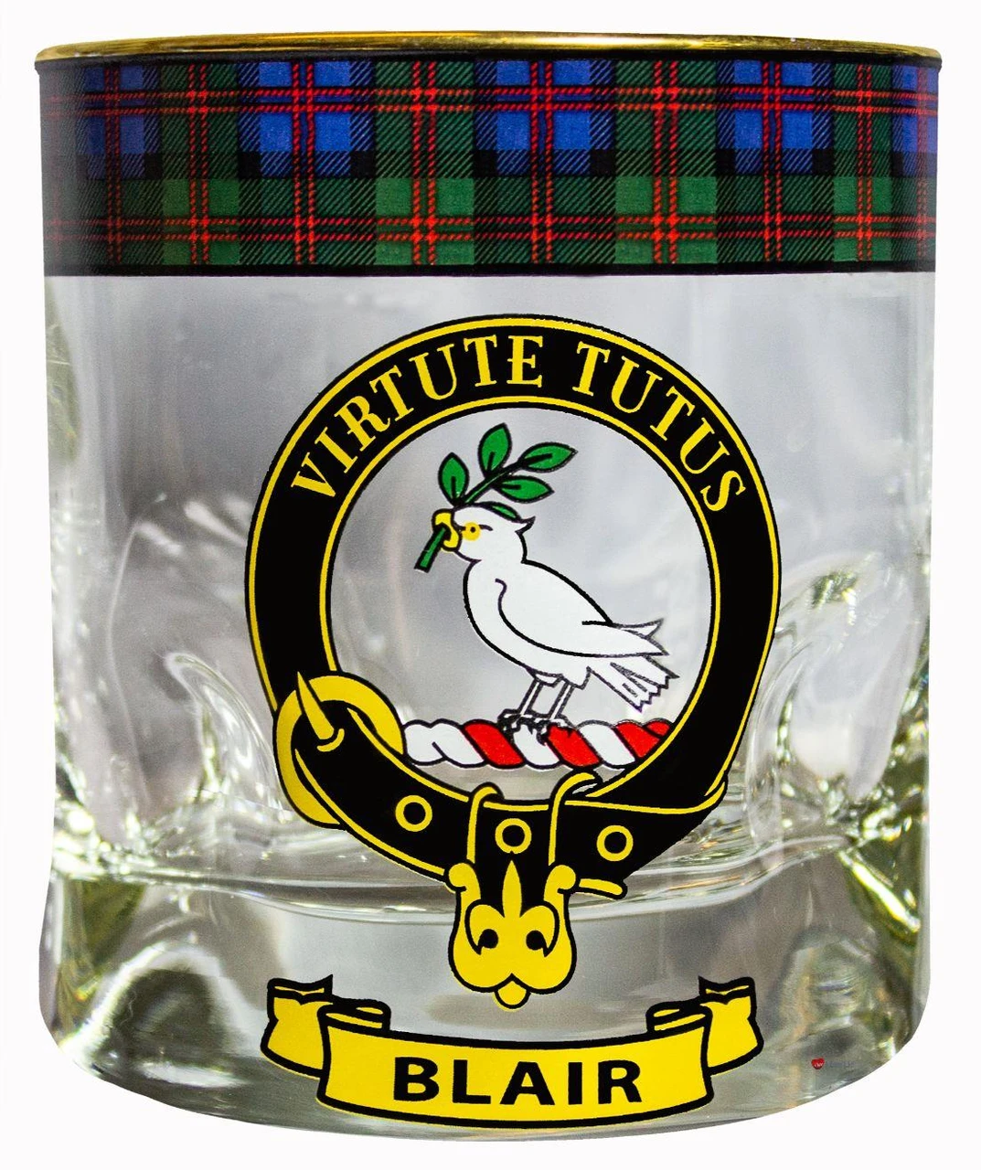Blair Clan Crested Tartan Edging Heavy Based Whisky Glass