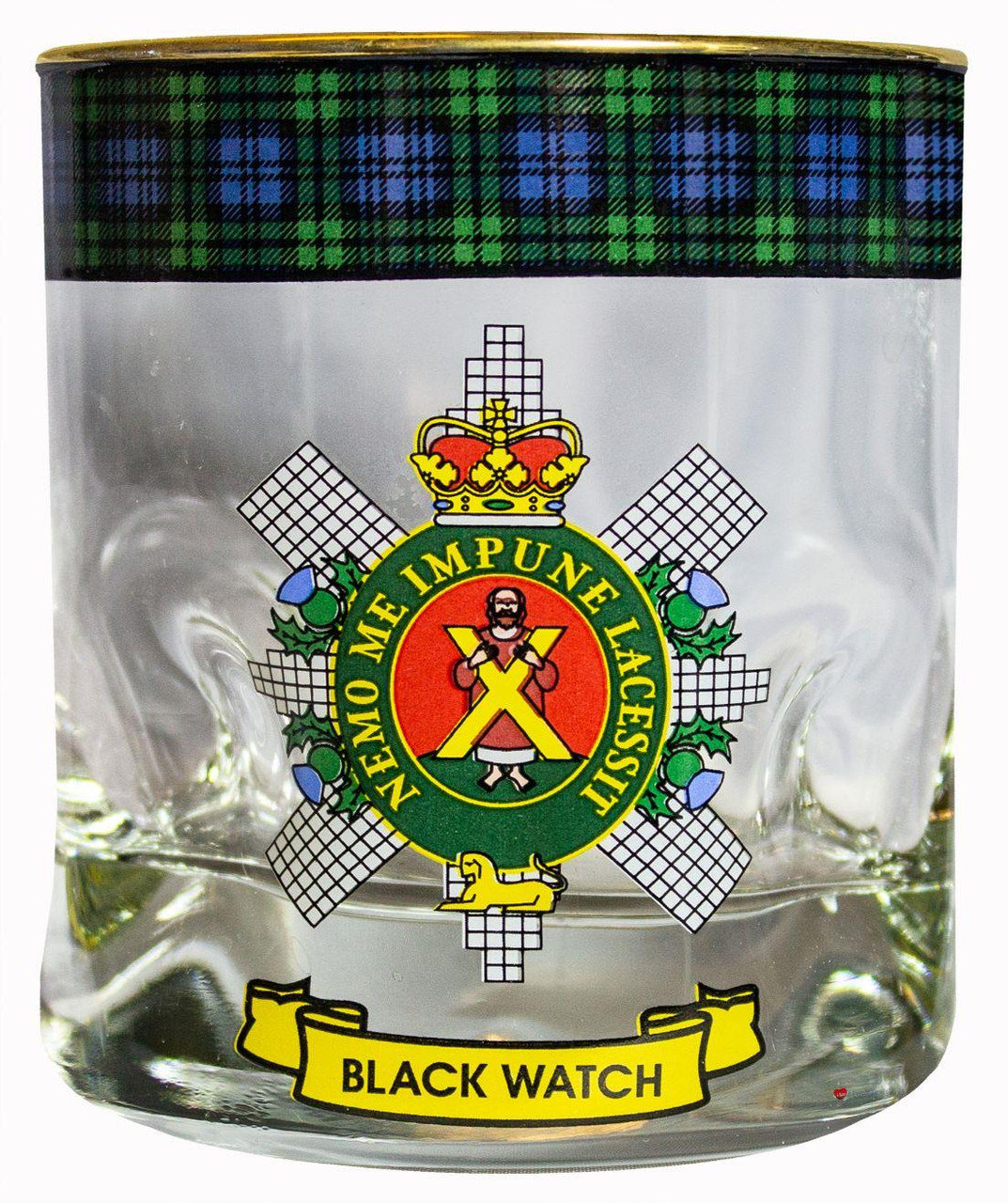 Black Watch Clan Crested Tartan Edging Heavy Based Whisky Glass