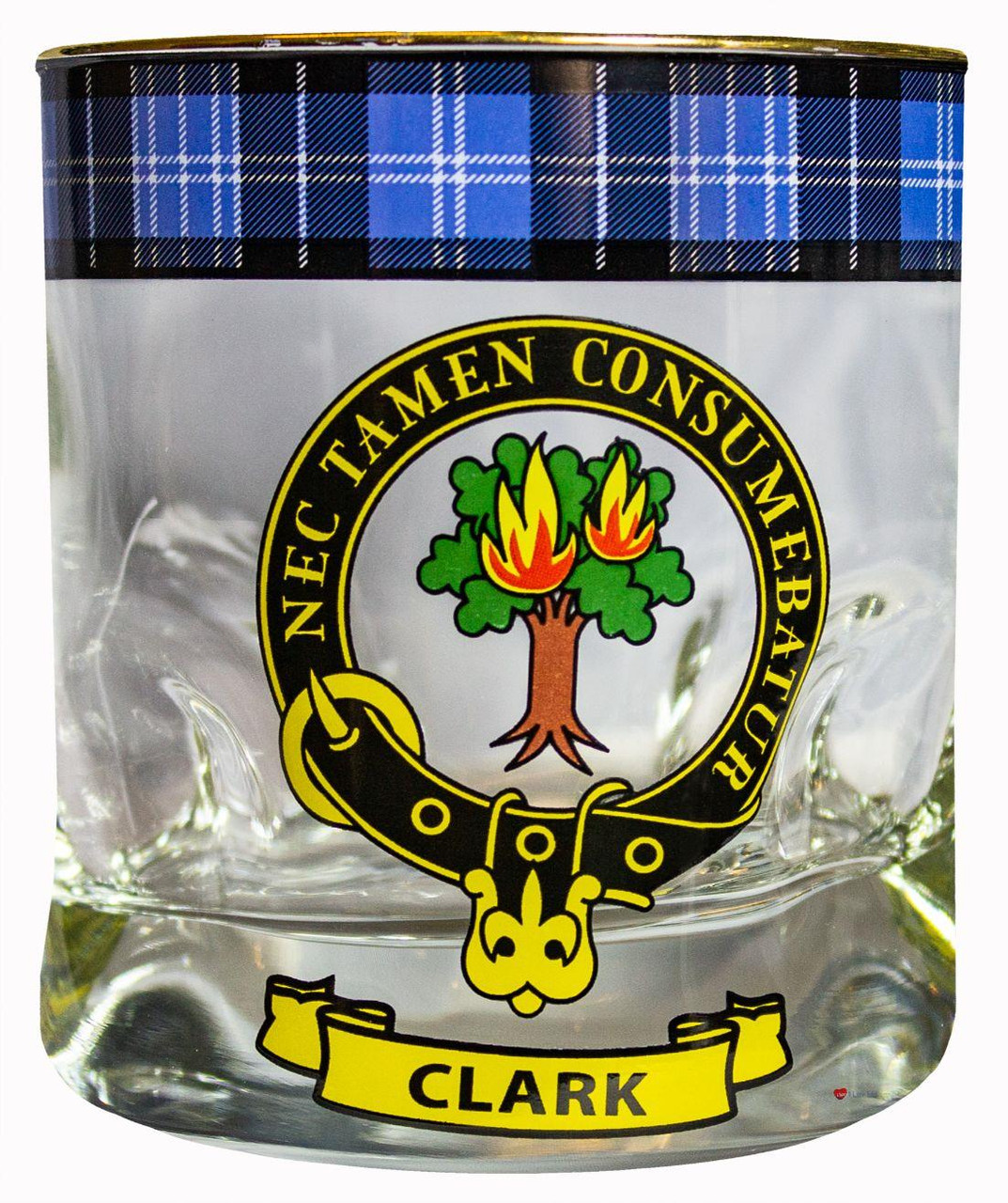 Clark Clan Crested Tartan Edging Heavy Based Whisky Glass