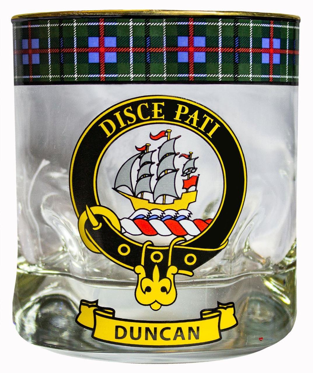 Duncan Clan Crested Tartan Edging Heavy Based Whisky Glass