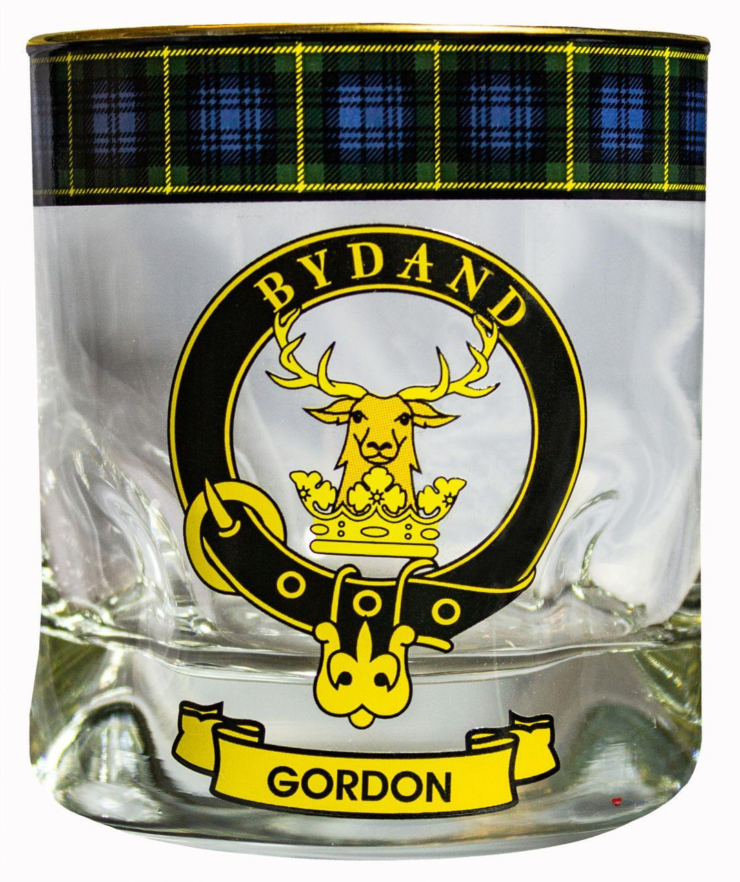 Gordon Clan Crested Tartan Edging Heavy Based Whisky Glass
