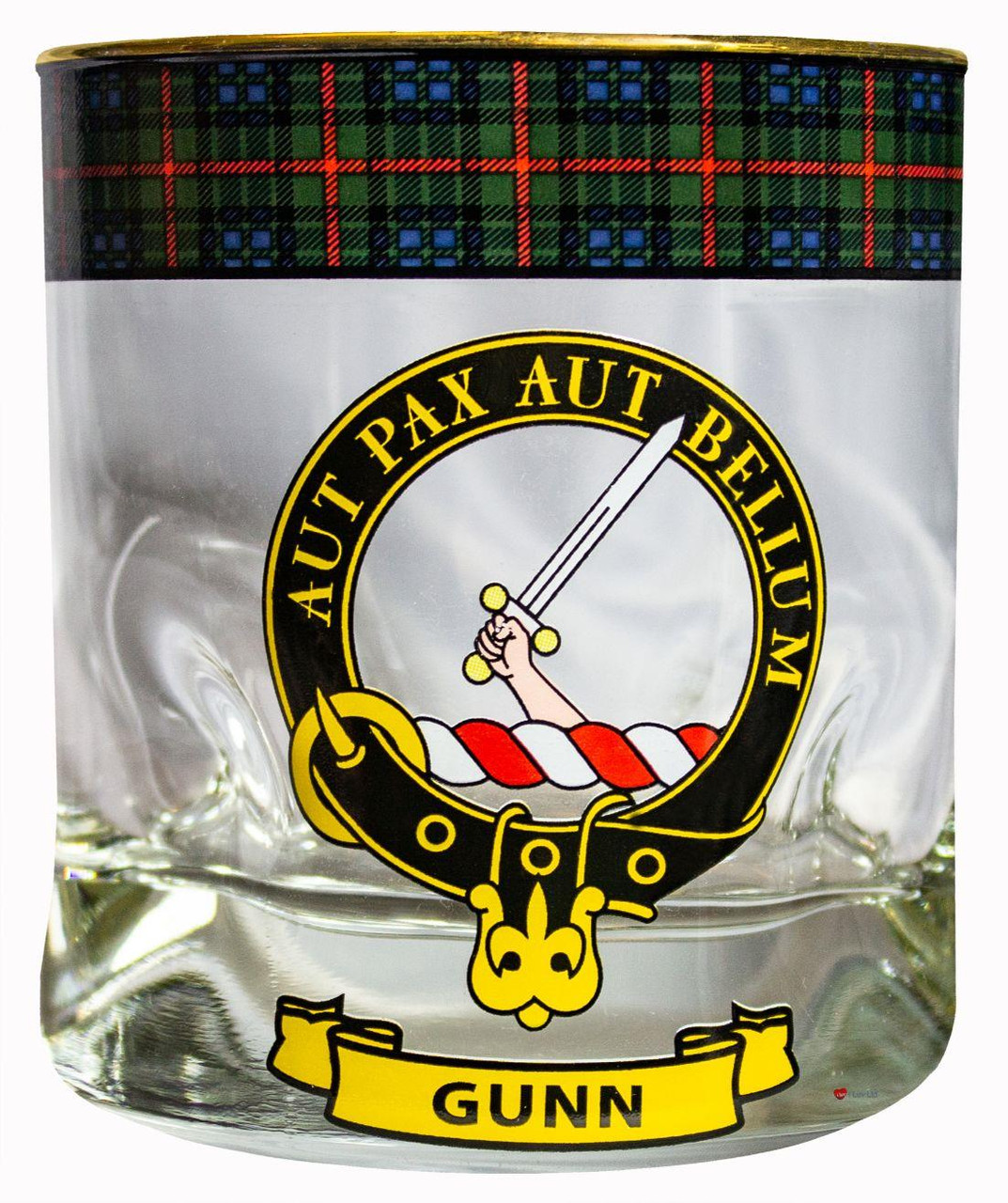 Gunn Clan Crested Tartan Edging Heavy Based Whisky Glass