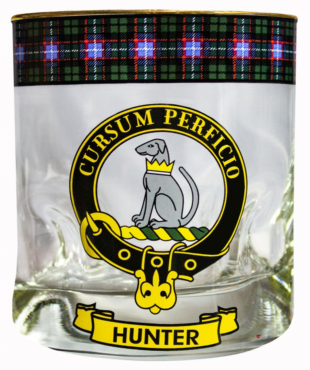Hunter Clan Crested Tartan Edging Heavy Based Whisky Glass
