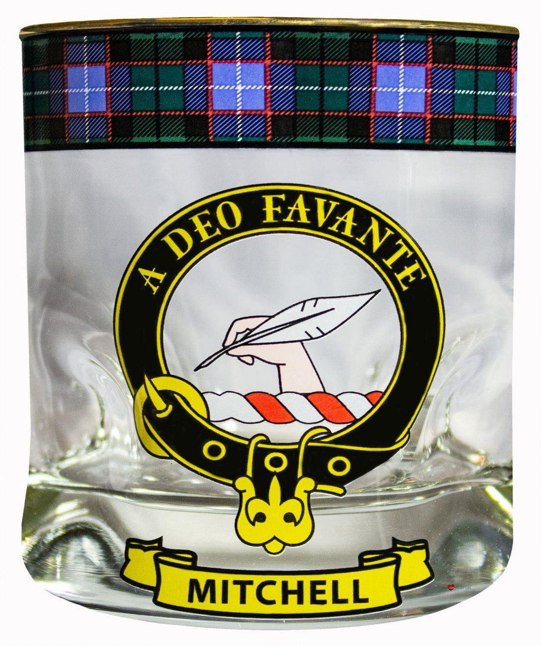 Mitchell Clan Crested Tartan Edging Heavy Based Whisky Glass