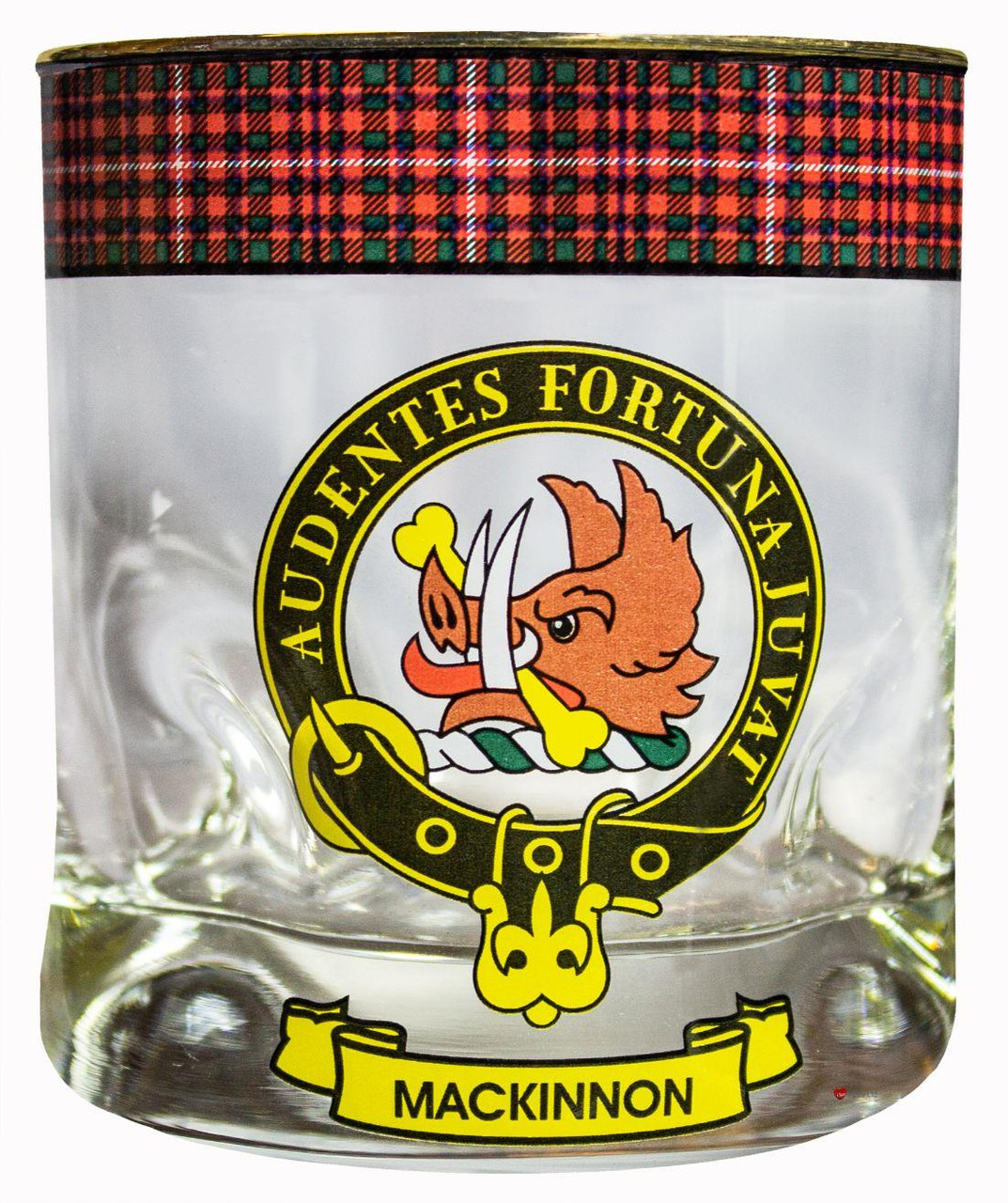 MacKinnon Clan Crested Tartan Edging Heavy Based Whisky Glass