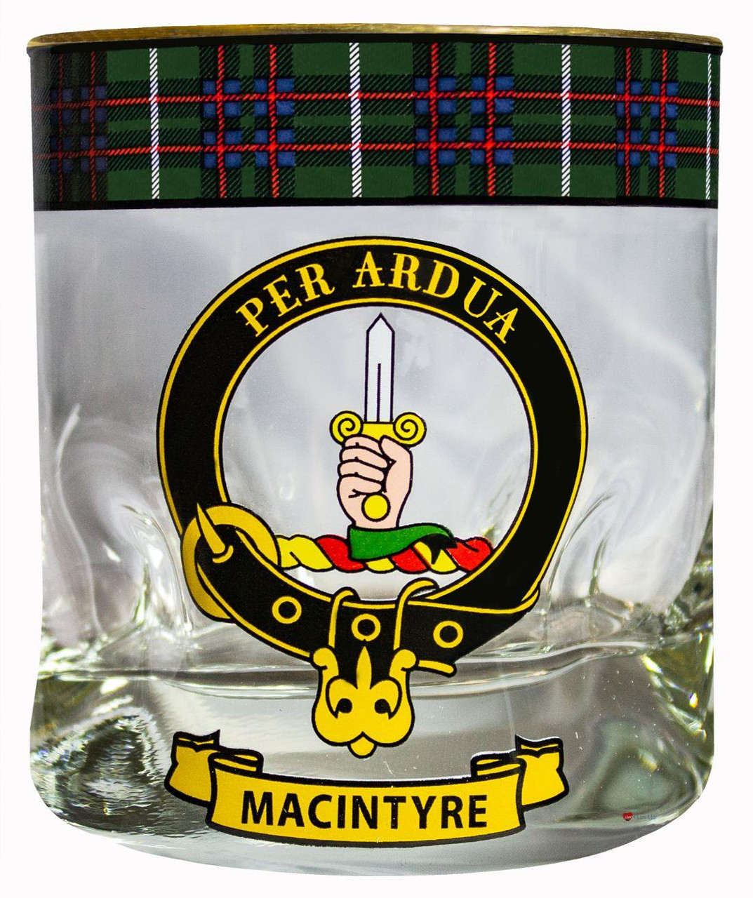MacIntyre Clan Crested Tartan Edging Heavy Based Whisky Glass