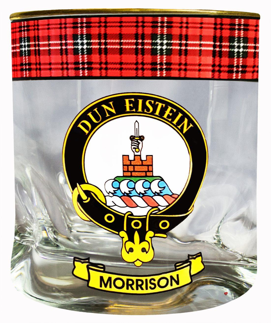 Morrison Clan Crested Tartan Edging Heavy Based Whisky Glass
