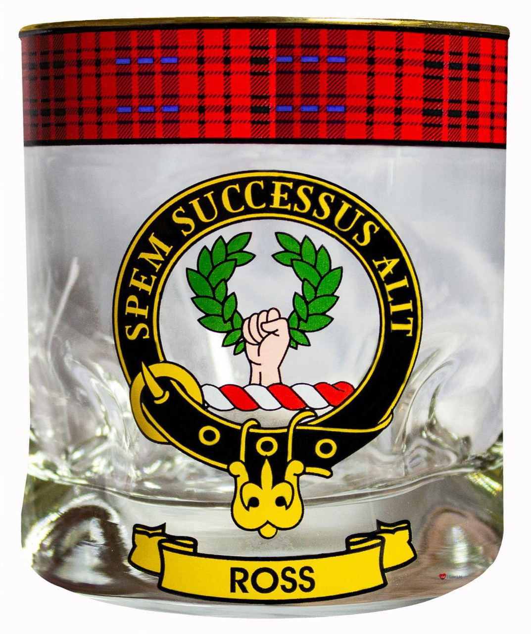 Ross Clan Crested Tartan Edging Heavy Based Whisky Glass