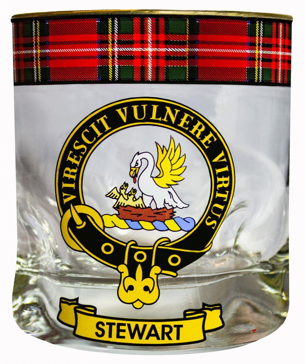 Stewart Clan Crested Tartan Edging Heavy Based Whisky Glass