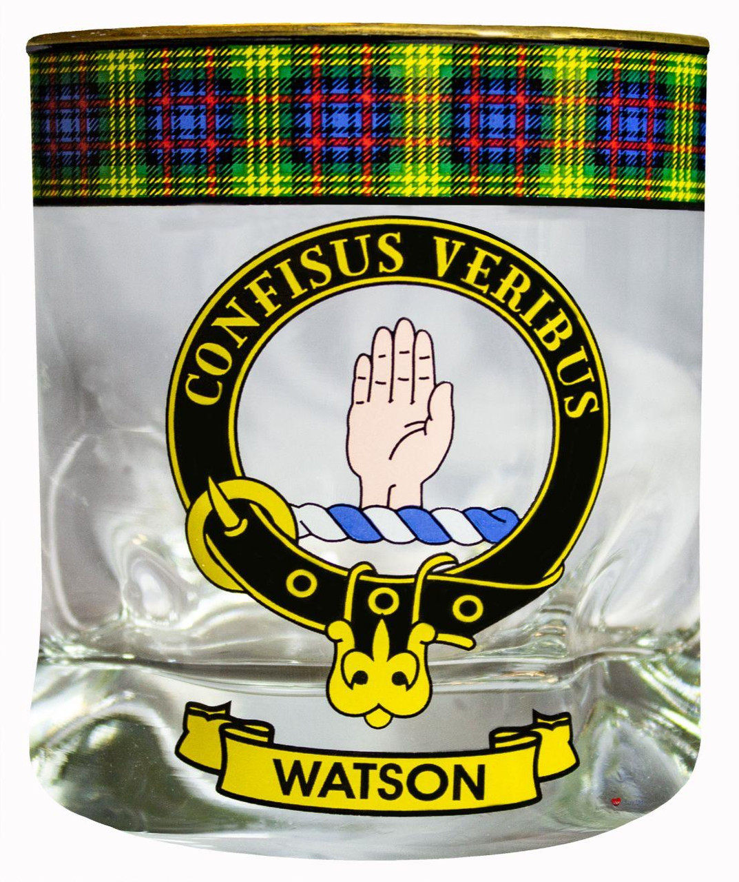 Watson Clan Crested Tartan Edging Heavy Based Whisky Glass