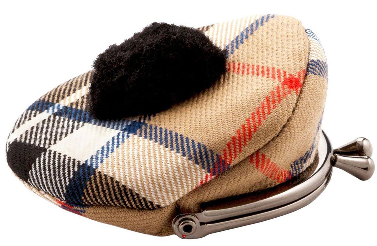 Scottish Wool Tartan Tam O' Shanter Hat Coin Purse with Metal Clasp Frame