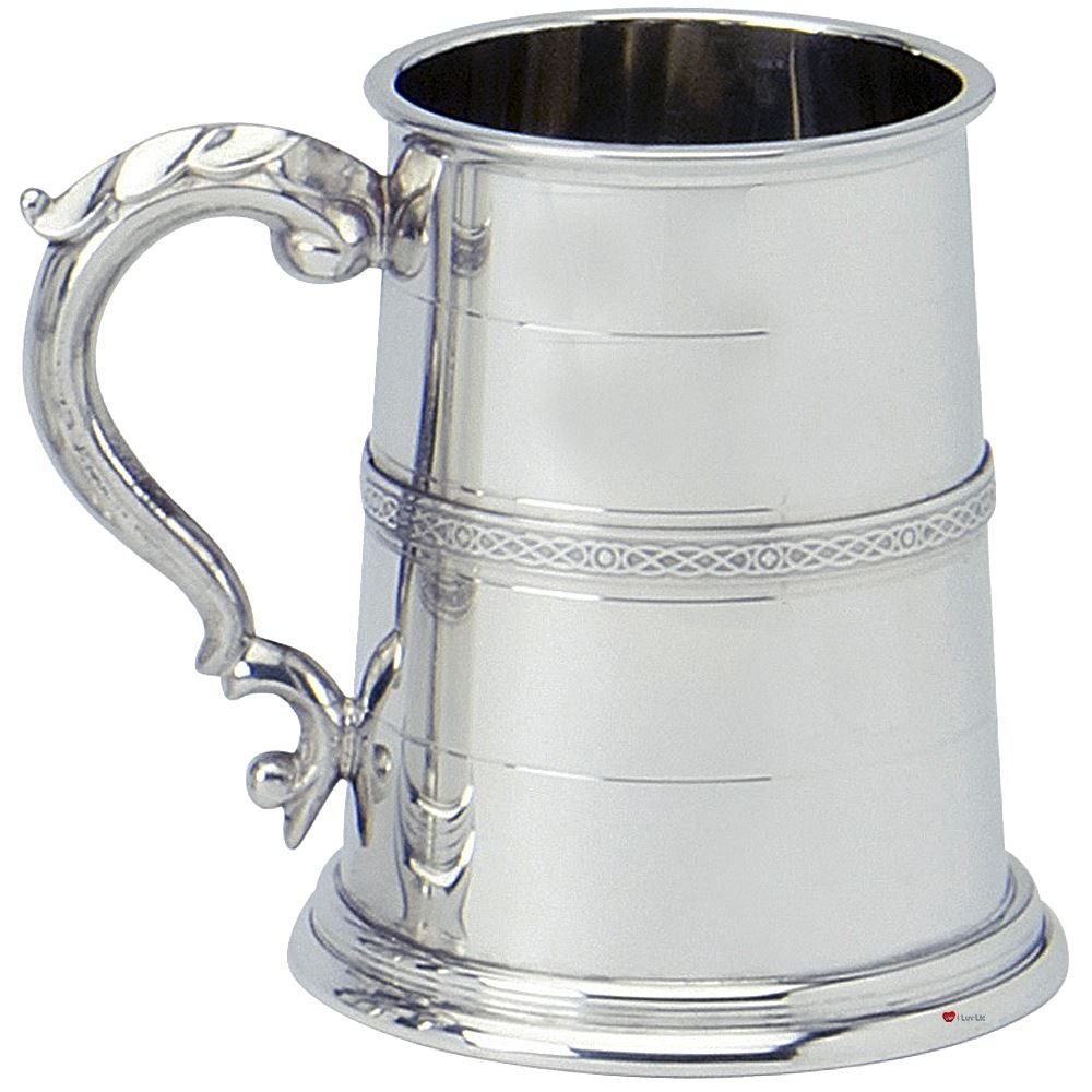 Pewter Tankard Handmade Scottish Stuart Banded Wide Base Polished 1pt Glass Base Great Gift