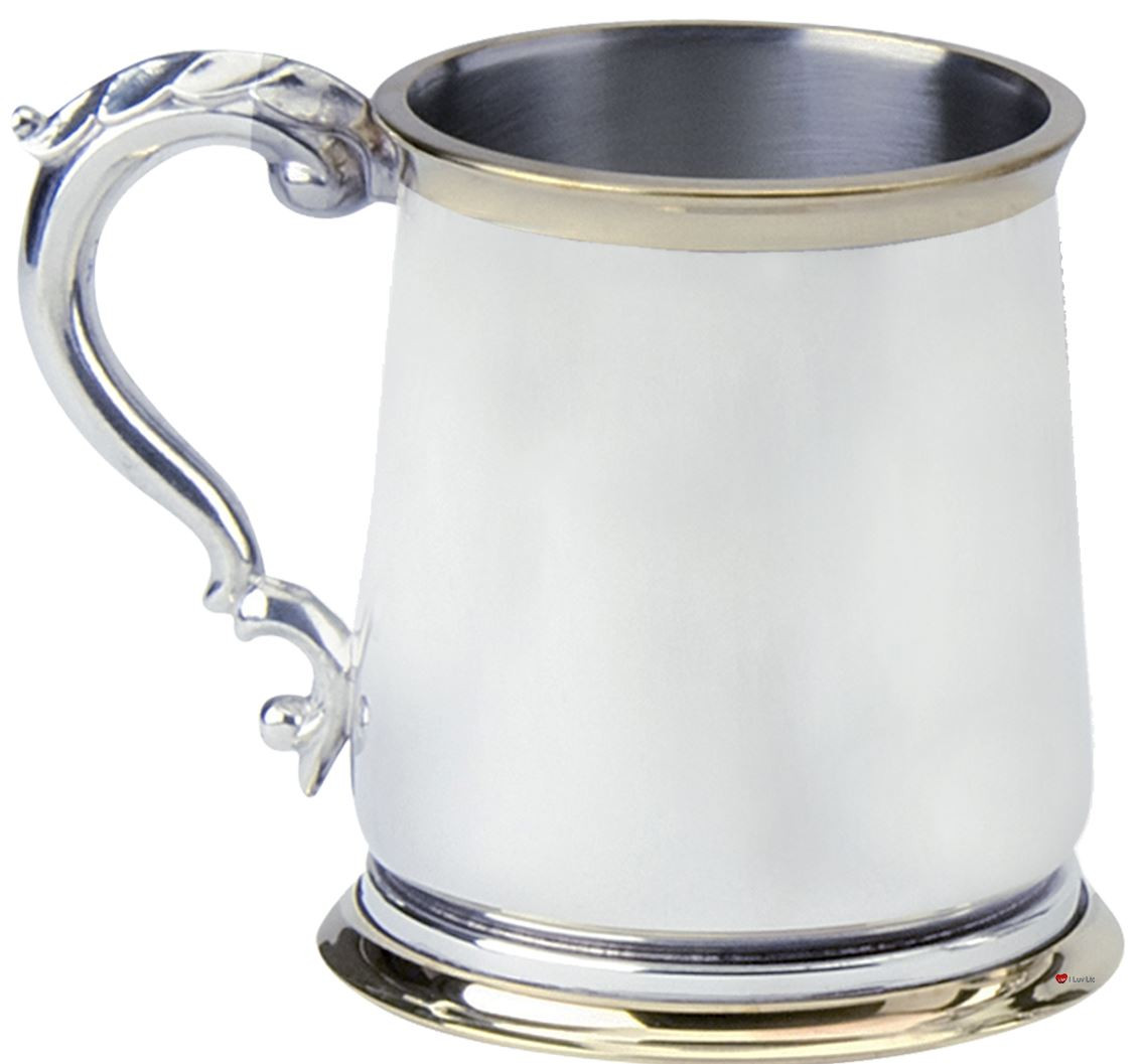 Pewter Tankard Brass Rimmed Classic Shape Polished Finish 1pt Glass Base Great Gift