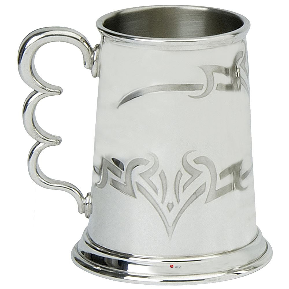 Pewter Tankard Handmade 1pt Tribal Band Polished Finish Knuckle Duster Handle Great Gift