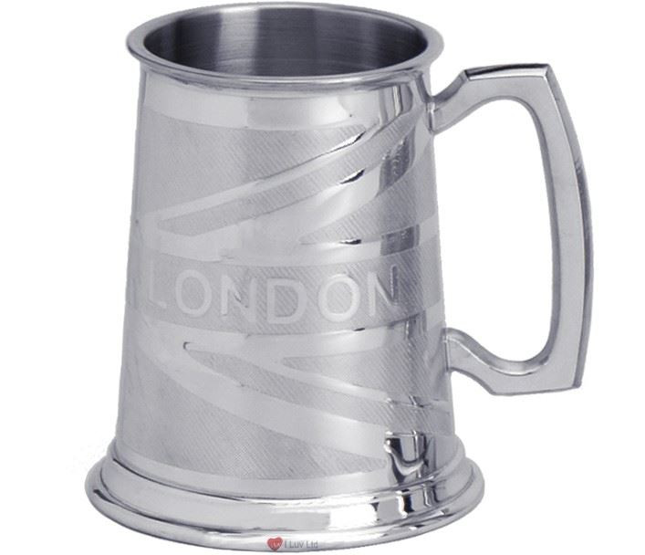 Pewter Tankard Handmade London Union Jack Flag Engraved Traditional Shape Great Gift