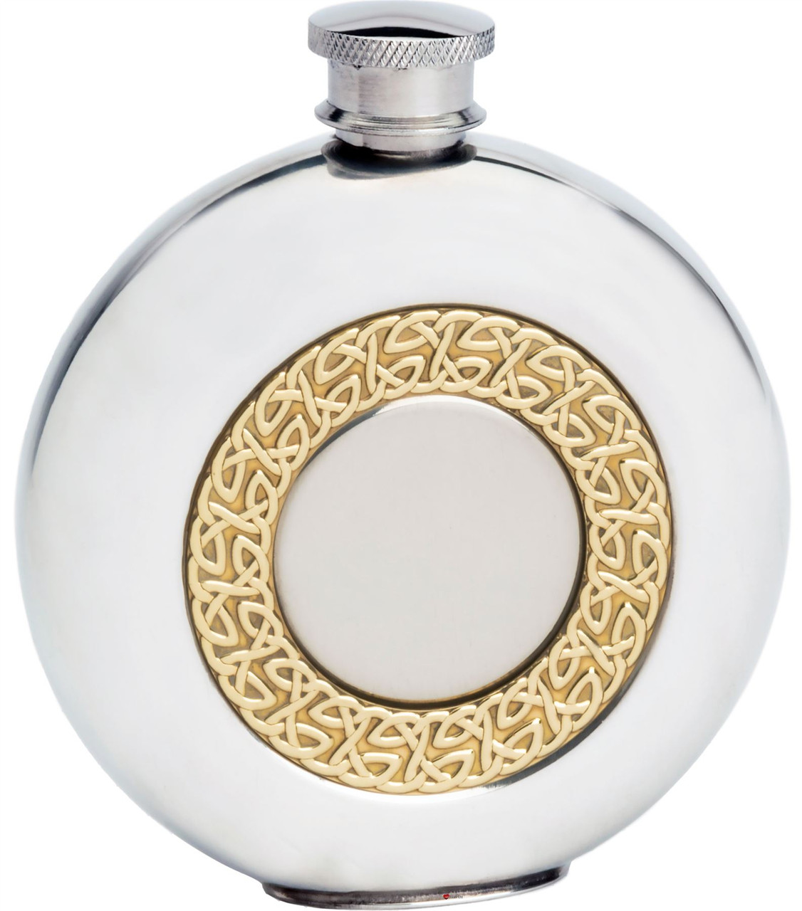 6oz Round Pewter Hip Flask with Brass Celtic Ring Insert Ideal Gift