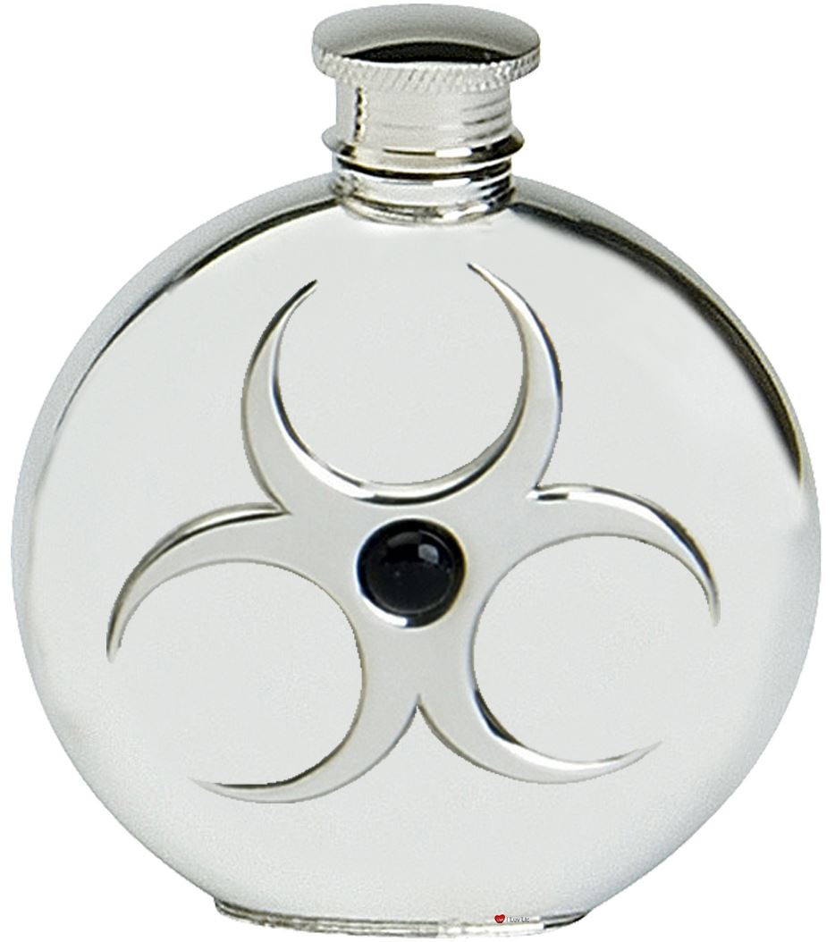 Pewter Round Flask Biohazard Embossed 6oz Engravable Screw Top Great Gift