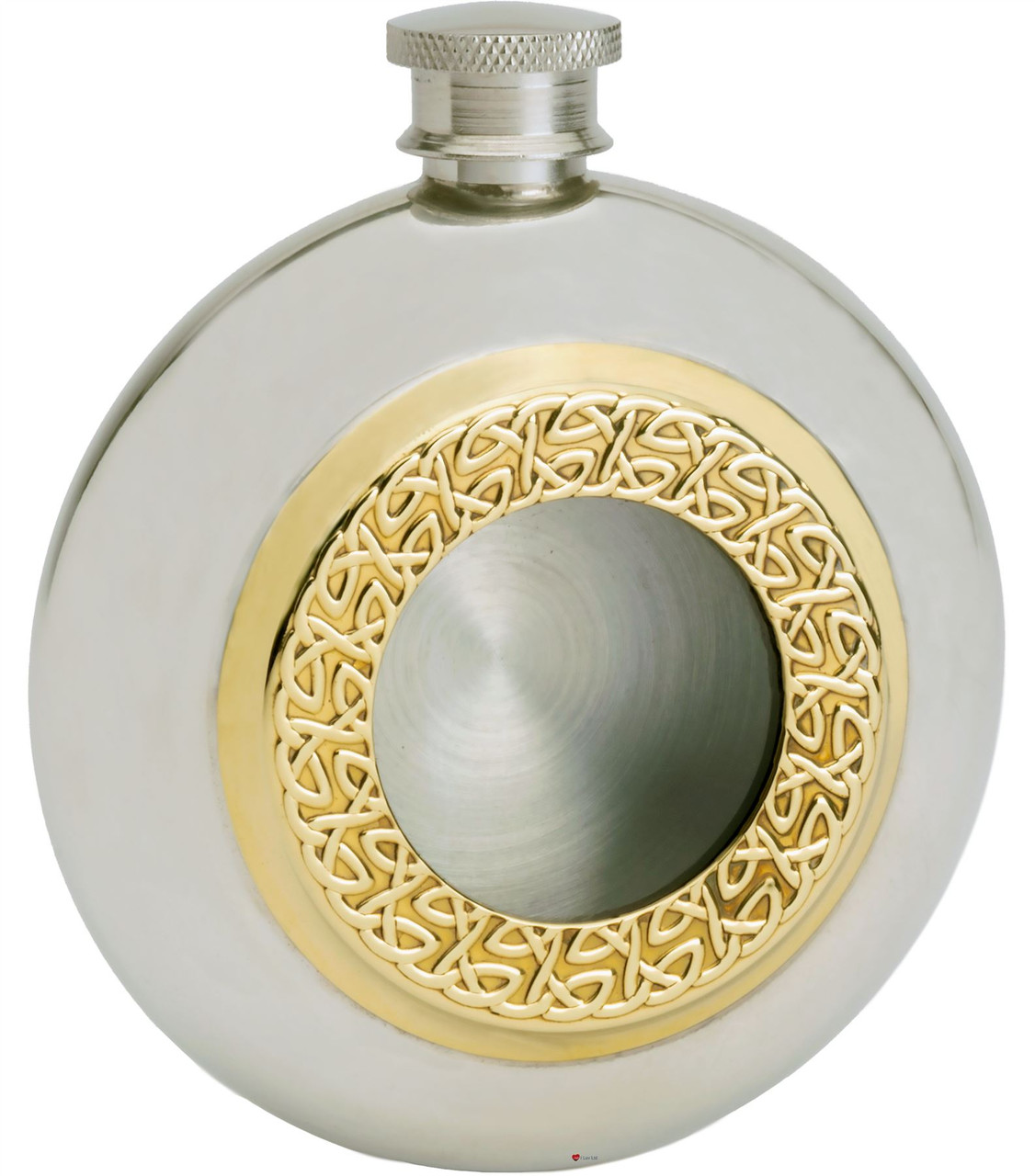 6oz Round Pewter Hip Flask With Brass Port Hole In Centre Ideal Gift