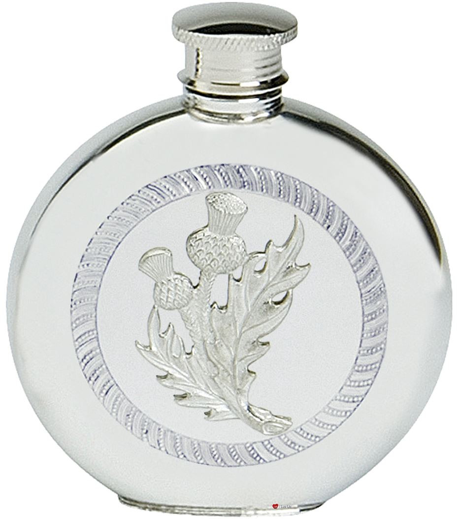 Pewter Hip Flask Thistle Scotland Round 6oz Screw Top Engravable On Back Great Gift