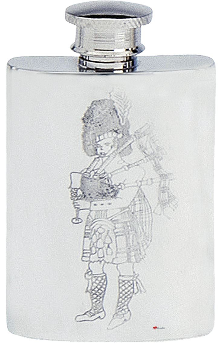 Scottish Piper Hip Flask 4oz Kidney Shape Pewter Screw Top Engravable on Back Great Gift